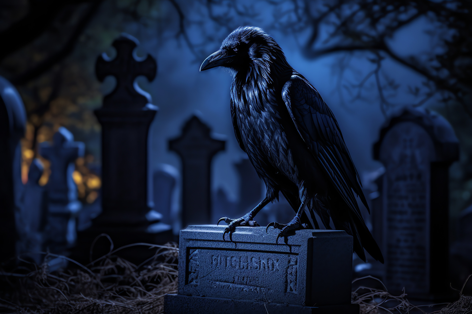 Raven at night, Sapphire blue feathers, Cemetery glow, Lunar allure, Gothic avian, HD Desktop Image
