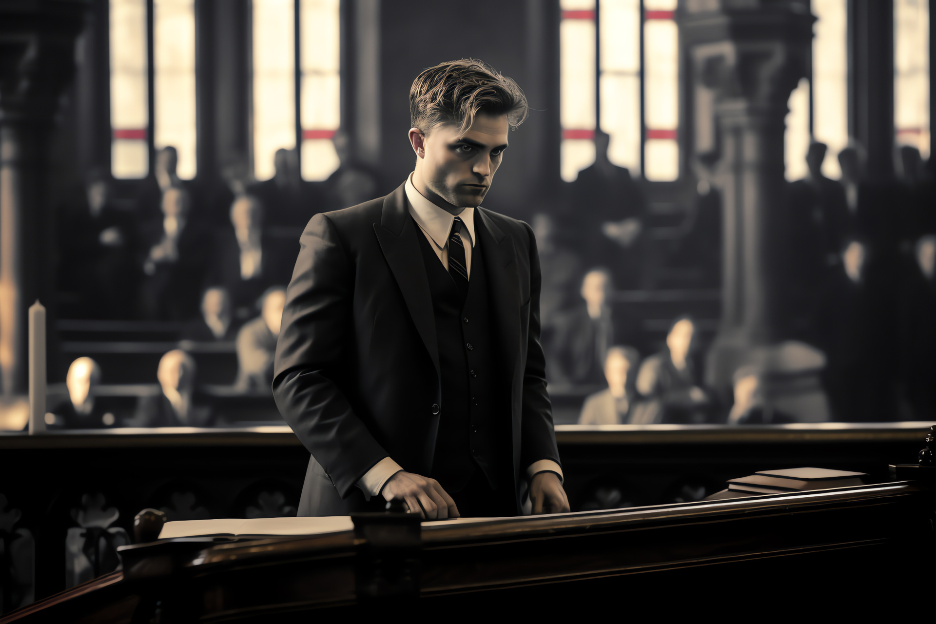 Robert Pattinson, Legal drama scene, Court apparel, Judicial architecture, Authoritative stance, HD Desktop Wallpaper