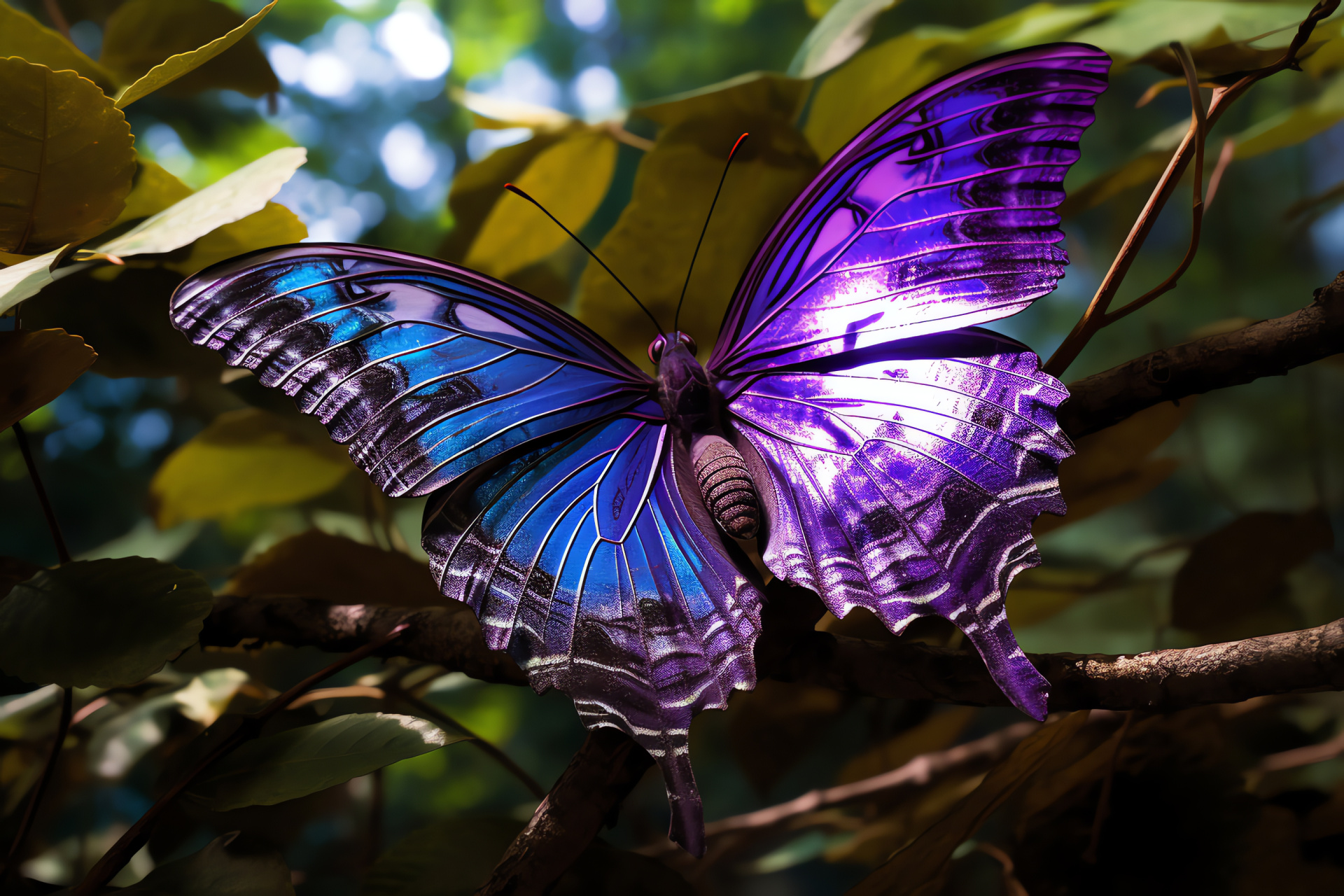 Purple Morpho butterfly, exotic insects, tropical forest, vibrant fauna, flourishing foliage, HD Desktop Wallpaper