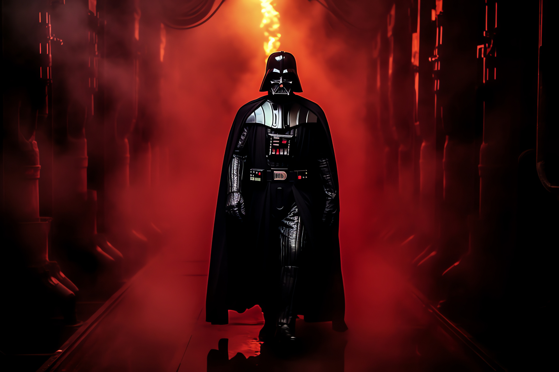 Rogue One villain, Darth Vader menacing, Smoky corridor battle, Imperial flagship, Iconic red weapon, HD Desktop Image