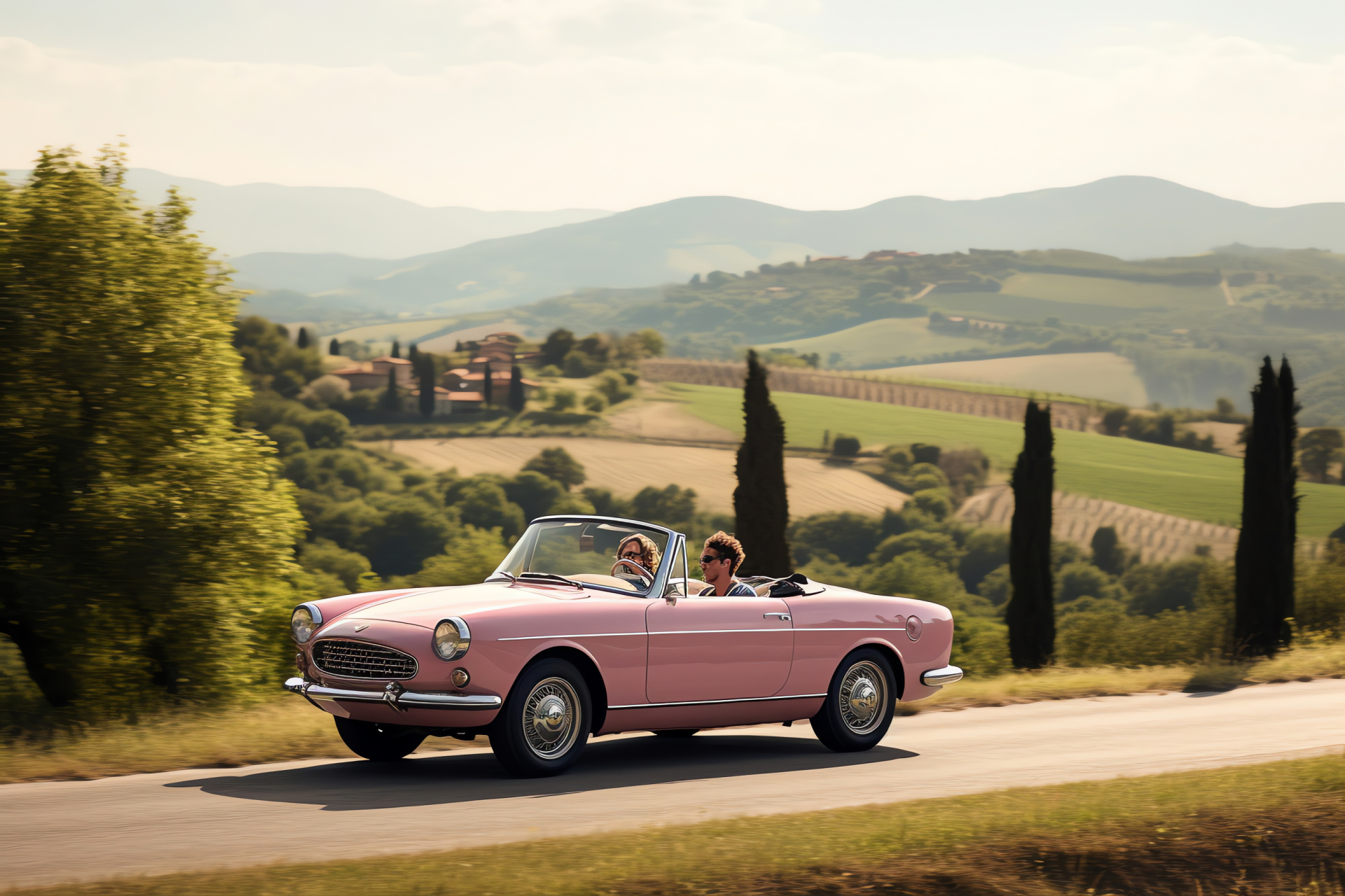 Tuscan Pink Fiat 124 Spider, Italian countryside drive, Convertible enjoyment, Pastoral road adventure, Hillside landscape, HD Desktop Image