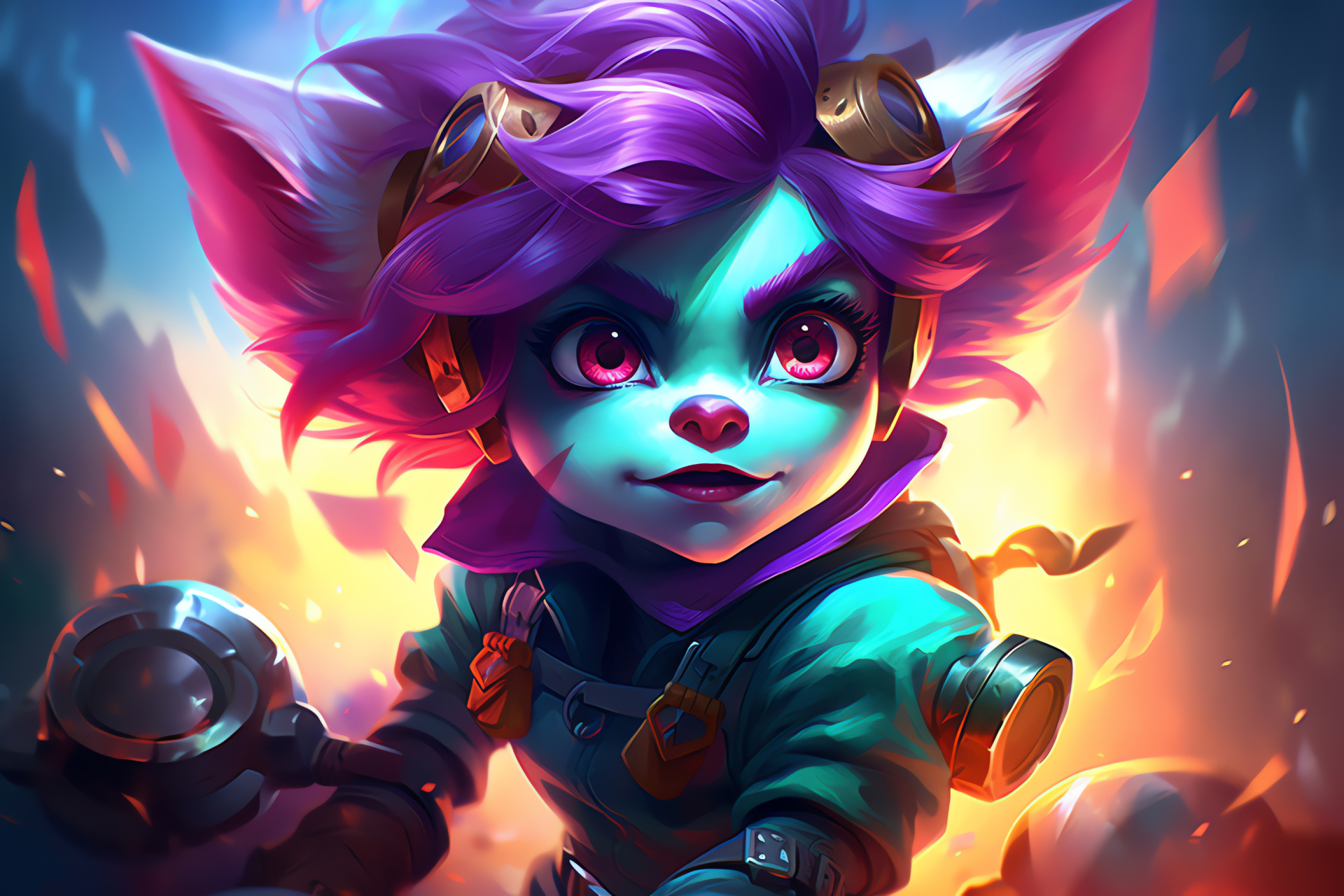 Tristana, Bandle commando, Crimson tresses, Violet irises, Gradient visual effect, HD Desktop Wallpaper