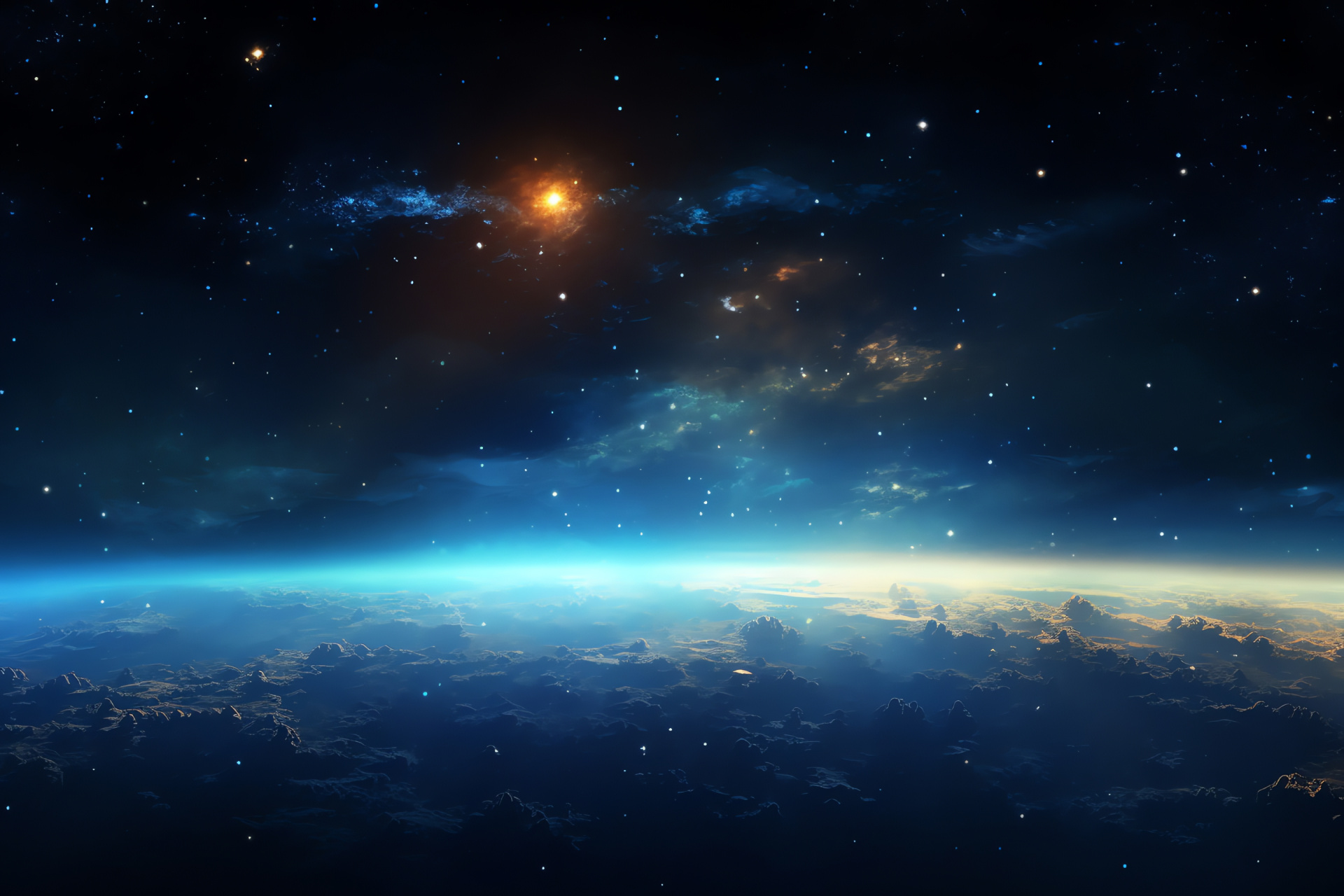 Celestial conjunction panorama, sky blue expanse, golden glittering cosmos, astrological marvel, HD Desktop Wallpaper