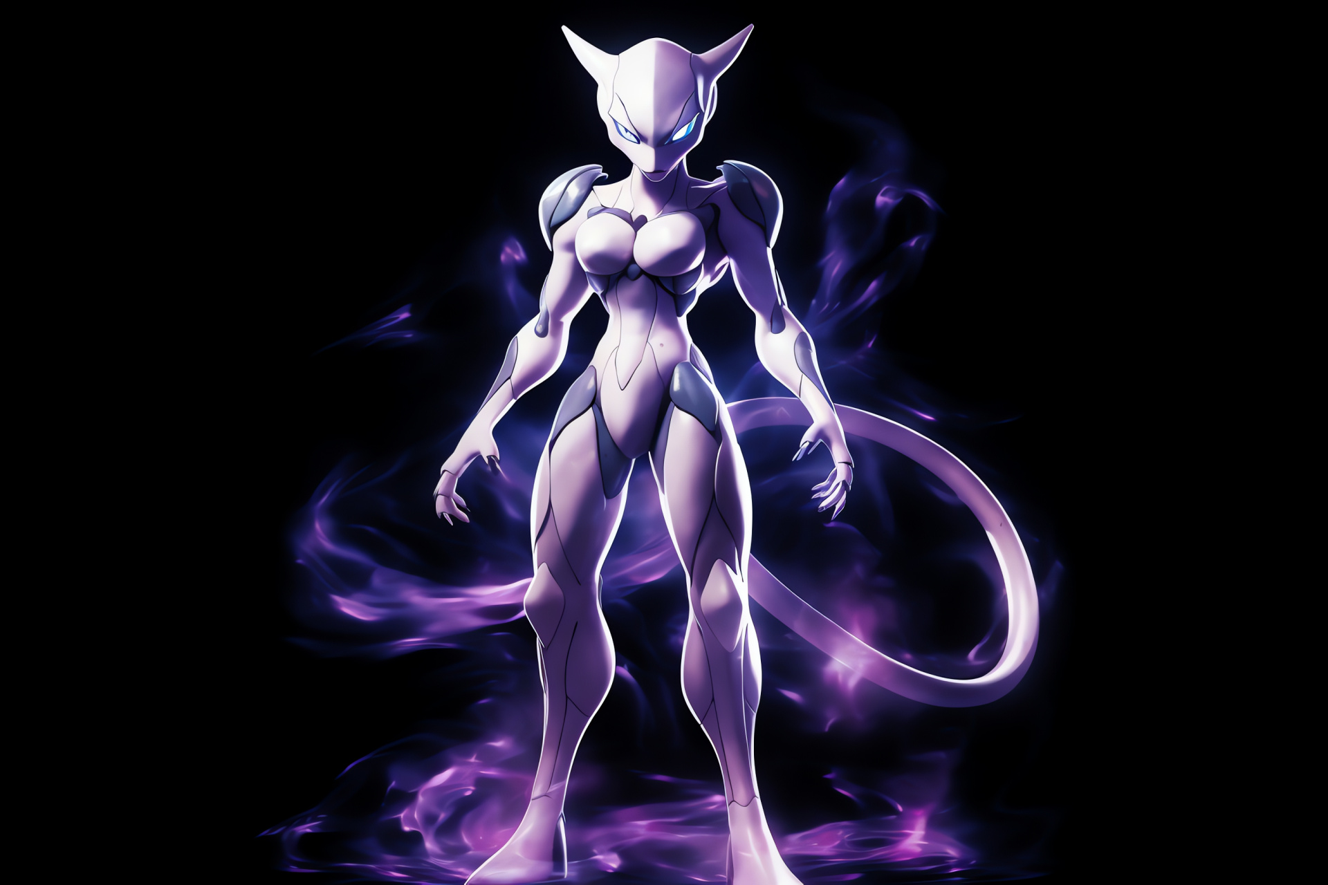 Mewtwo appearance, Psychic prowess, Purple gaze, Stoic creature, Sleek design, HD Desktop Image