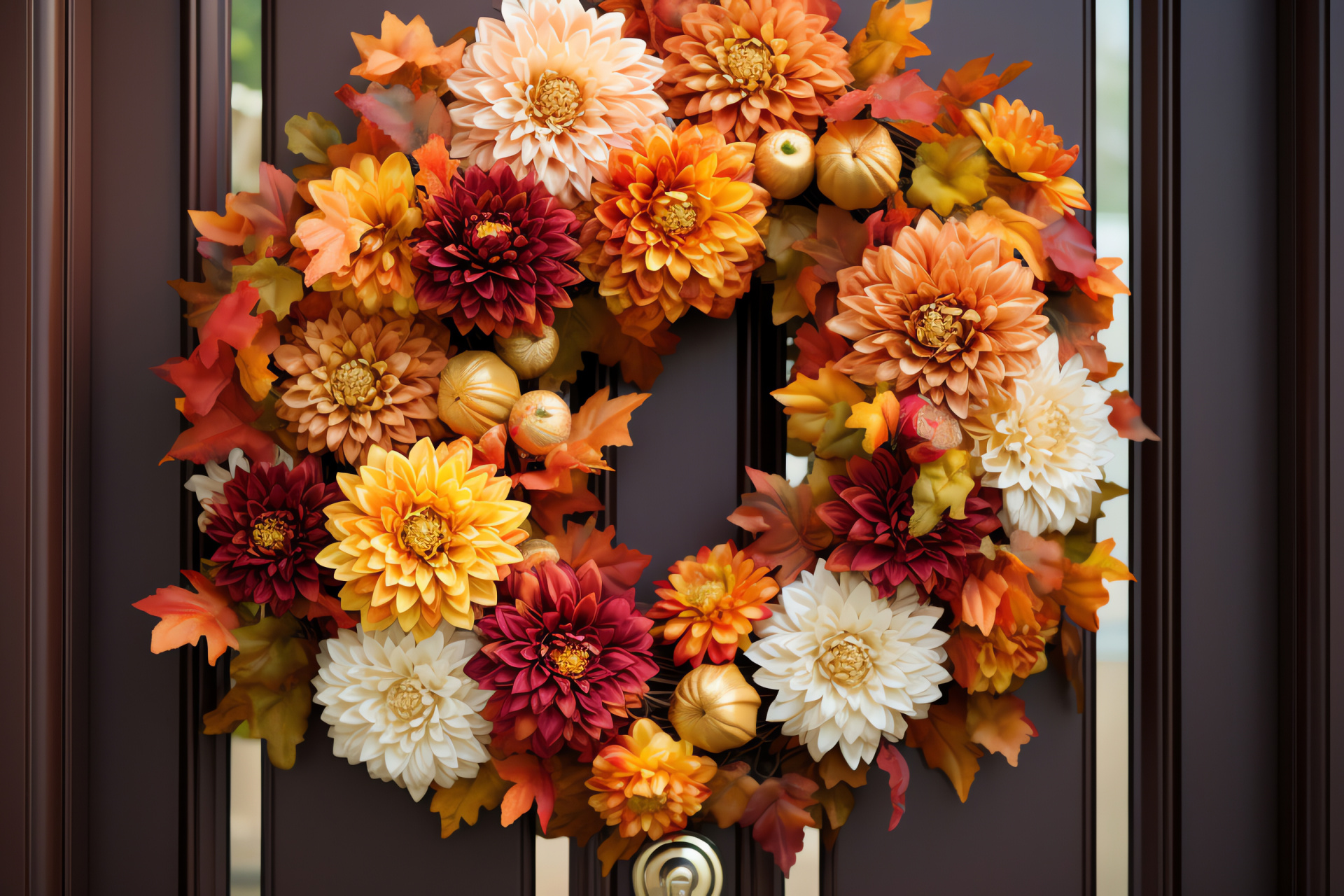 Doorway harvest foliage, Botanical ornamentation, Festive entrance, Autumn colors, Welcoming arrangement, HD Desktop Image