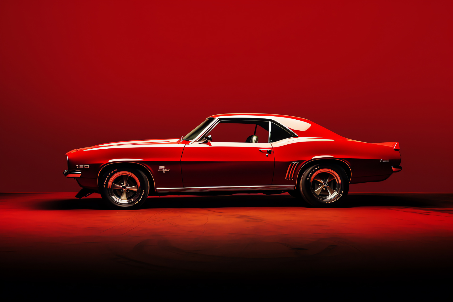 Muscle car, Monochromatic red scene, Radiant energetic hue, Side perspective, Auto culture, HD Desktop Wallpaper