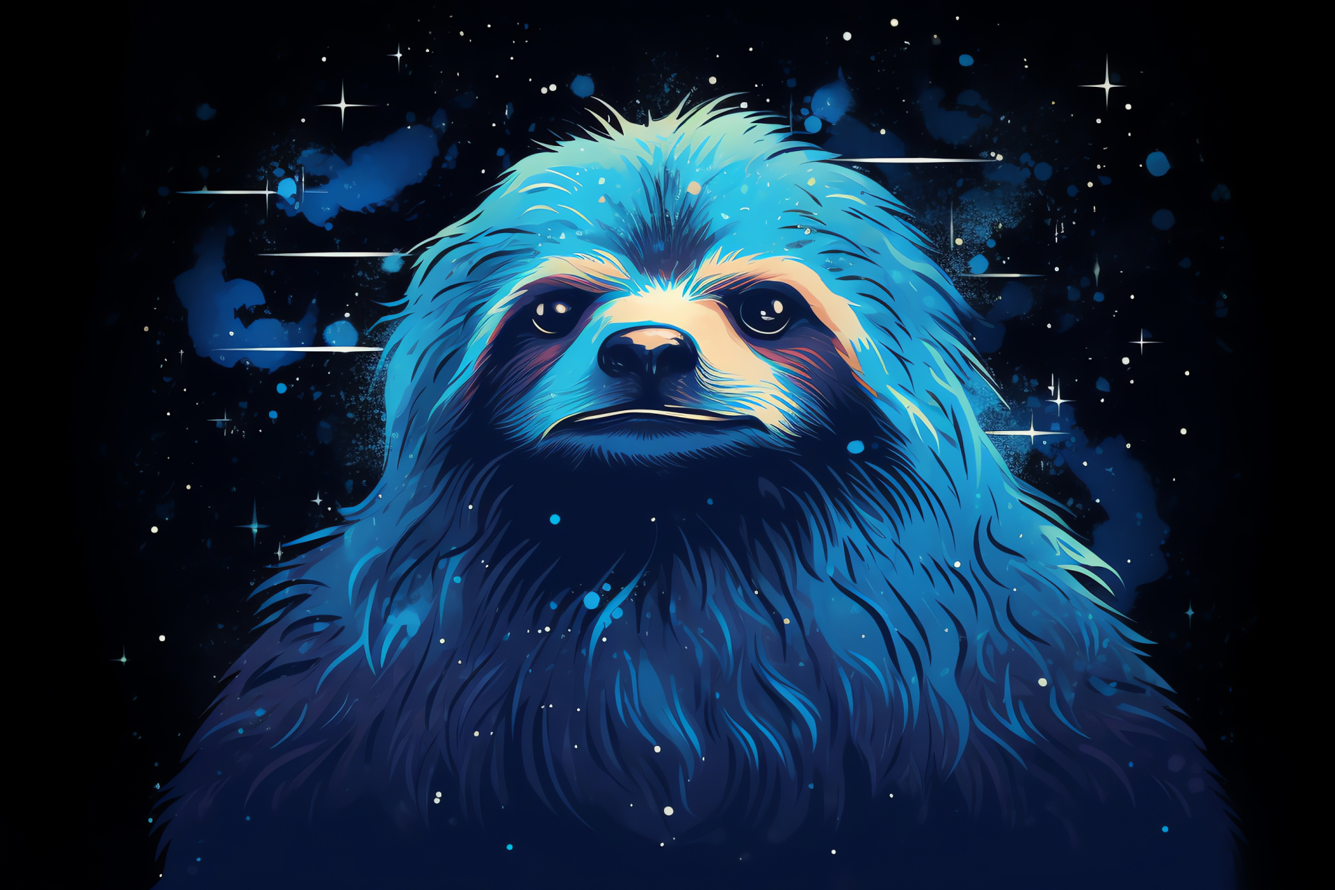 Space-themed Sloth, Celestial blue gaze, Midnight fur hue, Cosmic-themed creature, Bioluminescence marvel, HD Desktop Image