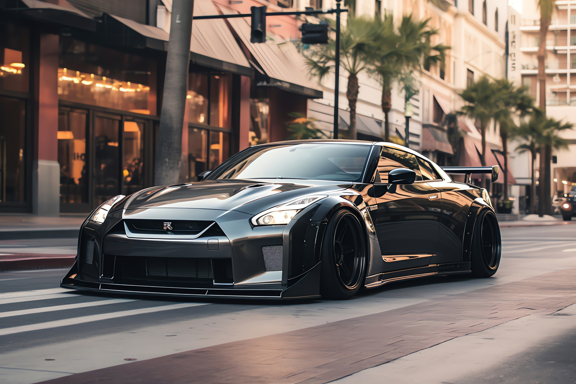 Nissan GTR Liberty Walk in LA, Rodeo Drive setting, Californian palm scenery, High-end shopping district, Modified streetcar, HD Desktop Wallpaper