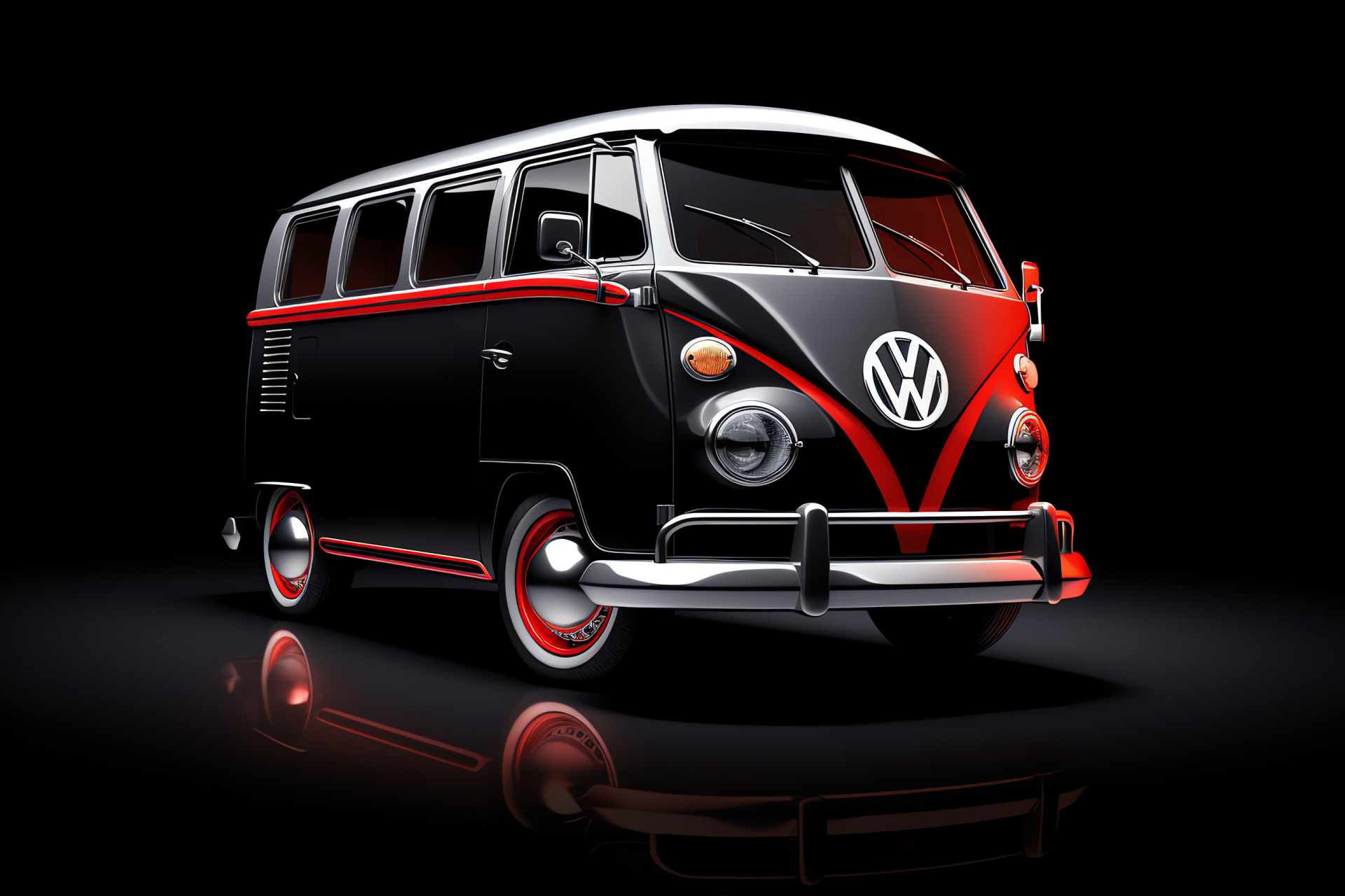 VW Bus T3 Joker model, elevated perspective, fiery red hue, stark onyx contrast, HD Desktop Image