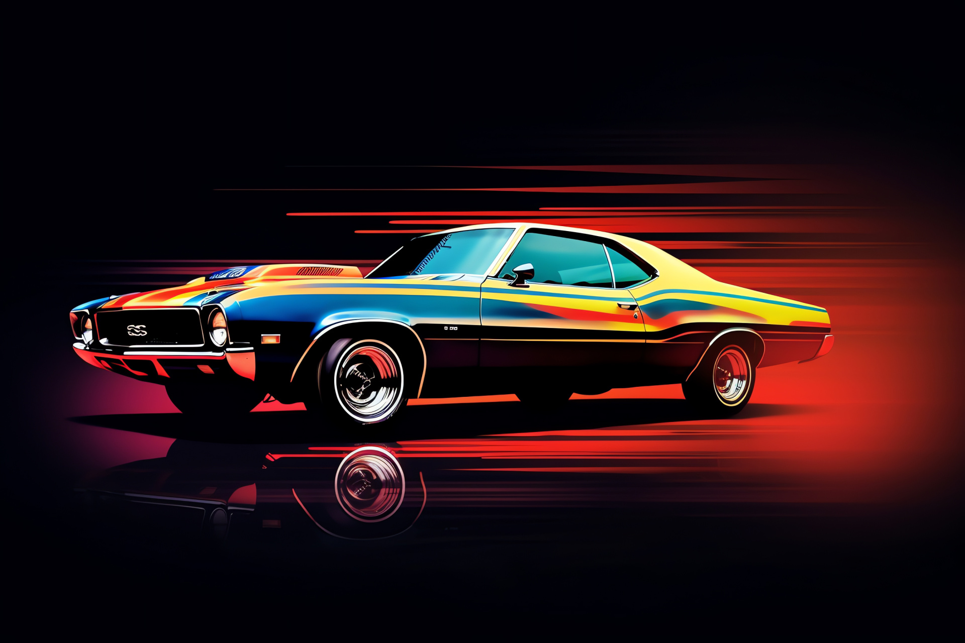 Time-honored muscle car, Lateral aspect, Tri-tone backdrop distinction, Thrill of the drive, Power and performance, HD Desktop Wallpaper