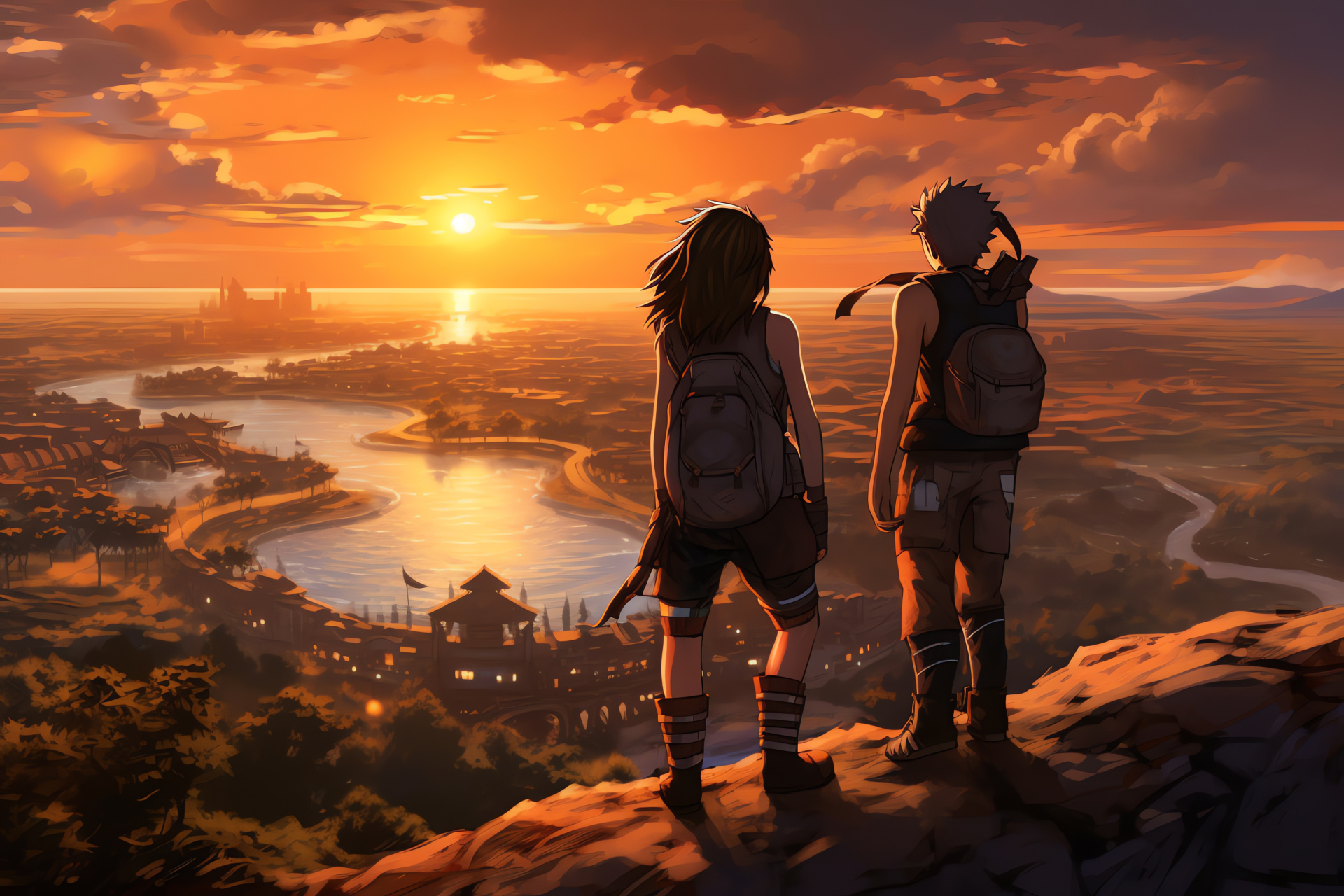 Naruto and Hinata, Romantic scene, Konoha's landscape, Manga lovers, Twilight silhouette, HD Desktop Wallpaper