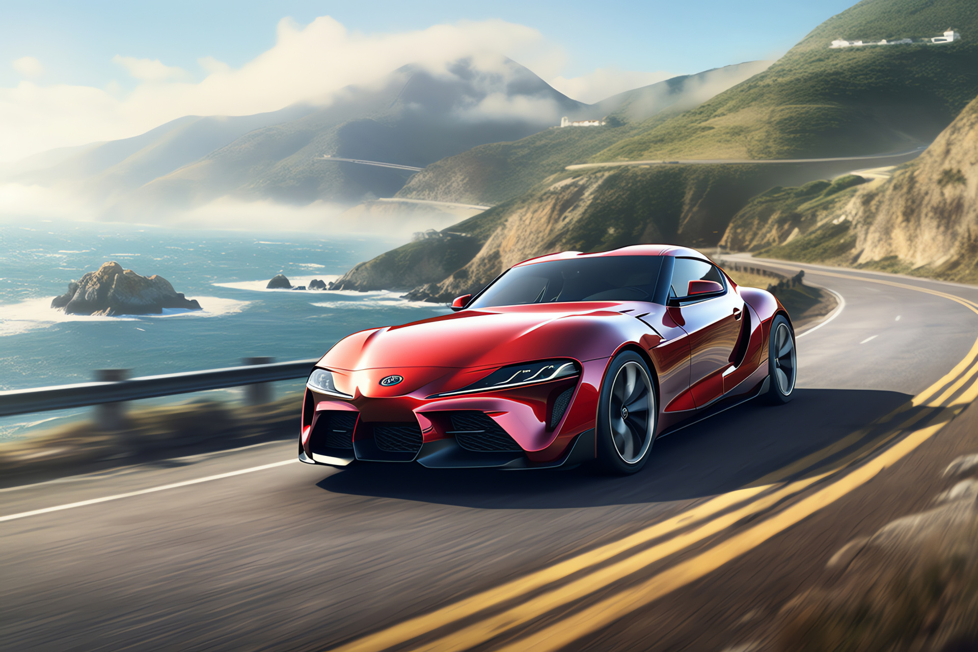 Toyota Supra GR driving, Coastal cliff environment, Ocean wave sounds, Open sky motoring, Seaside thrill, HD Desktop Wallpaper