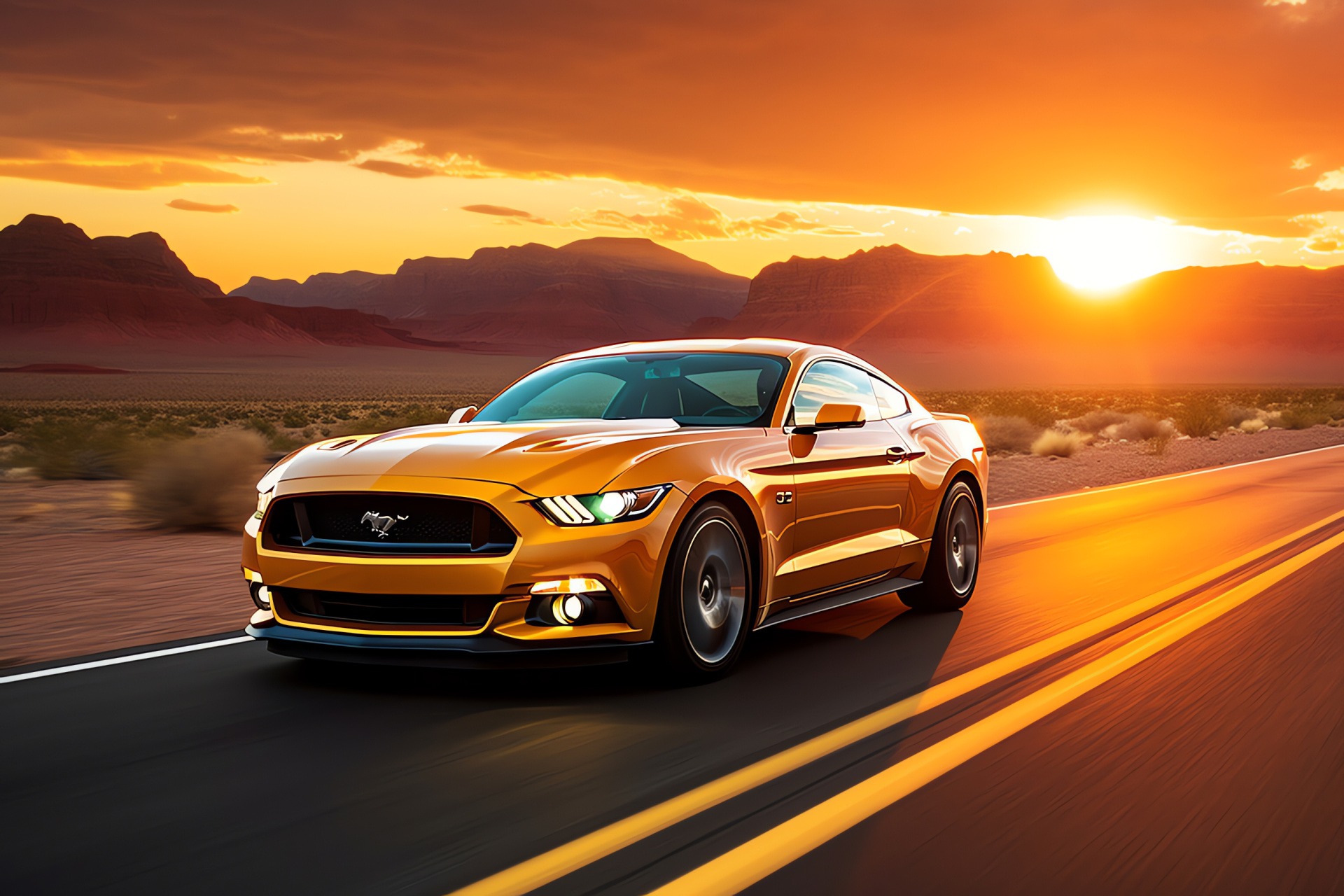 Ford Mustang, Famed Route 66, Southwestern deserts, Amber radiance, Asphalt passage, HD Desktop Image