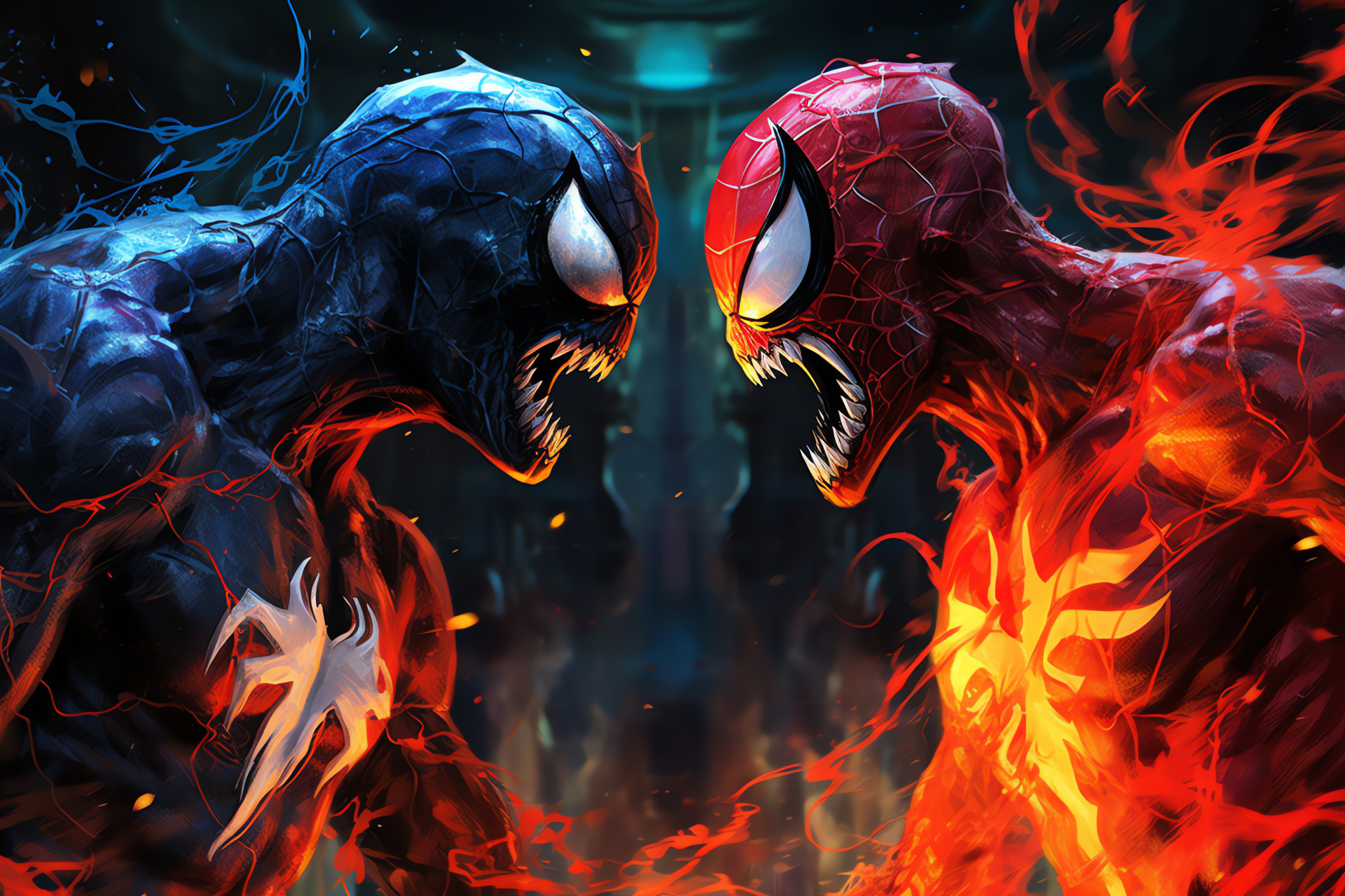 Spiderman and Venom, fiery conflict, heroics amidst chaos, mid-air drama, agile combat, HD Desktop Wallpaper