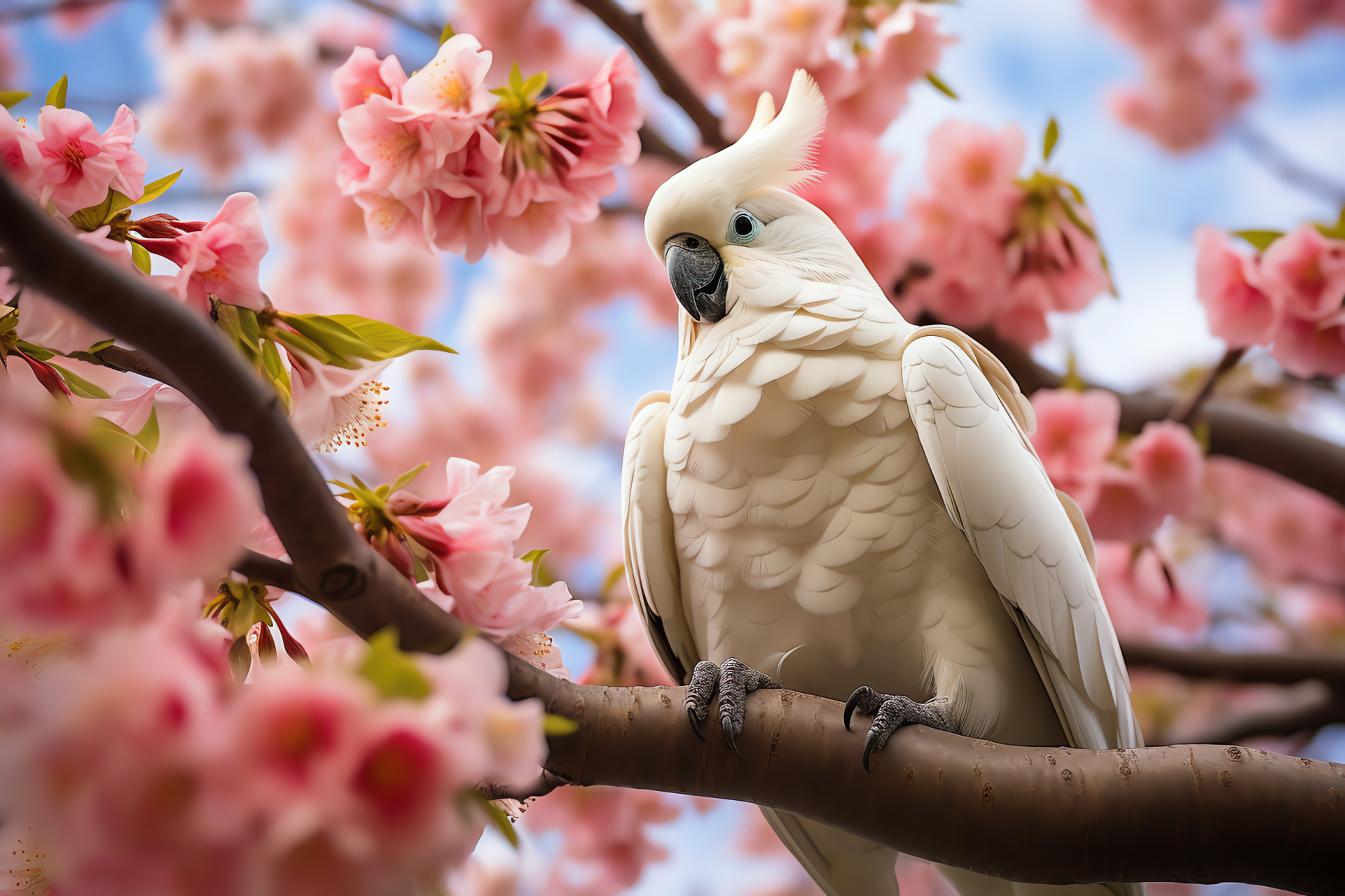 Cockatoo, Serene habitat, White winged beauty, Blooming flora perching, Tree inhabitant, HD Desktop Image