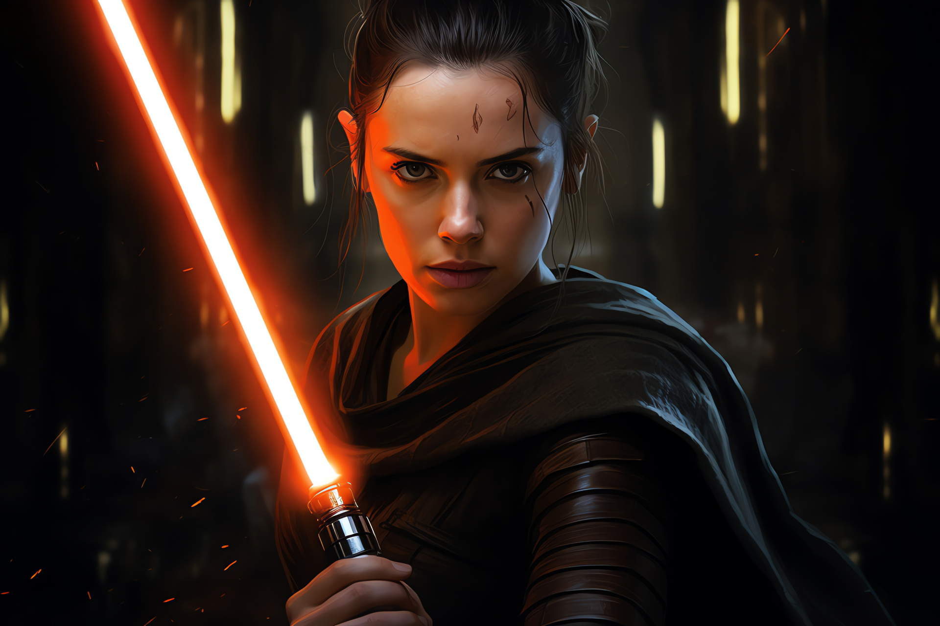 Rey's lightsaber skill, Epic confrontation, Sci-fi heroine, Dark side struggle, Saga continuation, HD Desktop Wallpaper