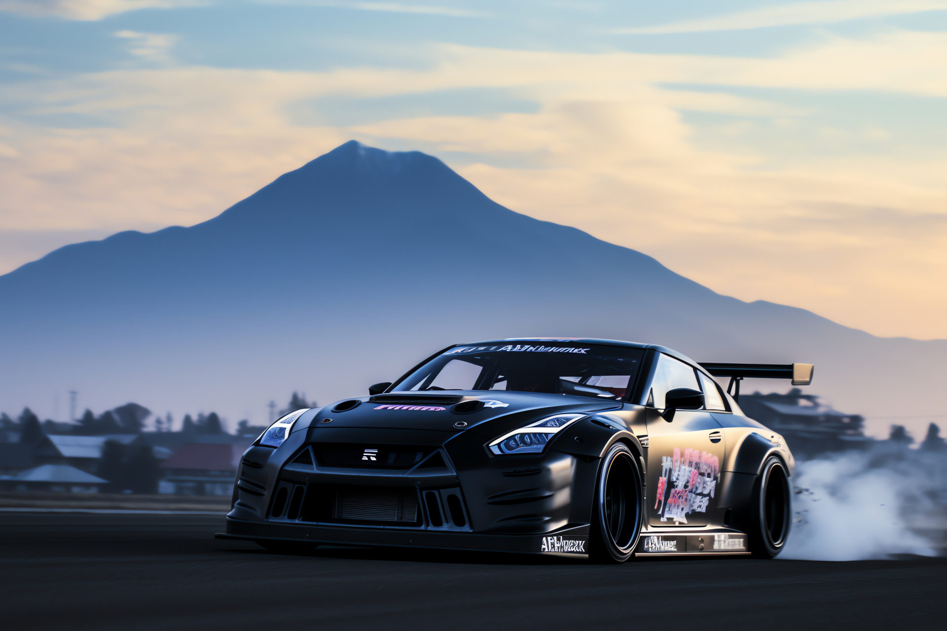 Nissan GTR Liberty Walk, Fuji race track, Japanese motorsport, engulfing smoke, high-speed circuit, HD Desktop Image