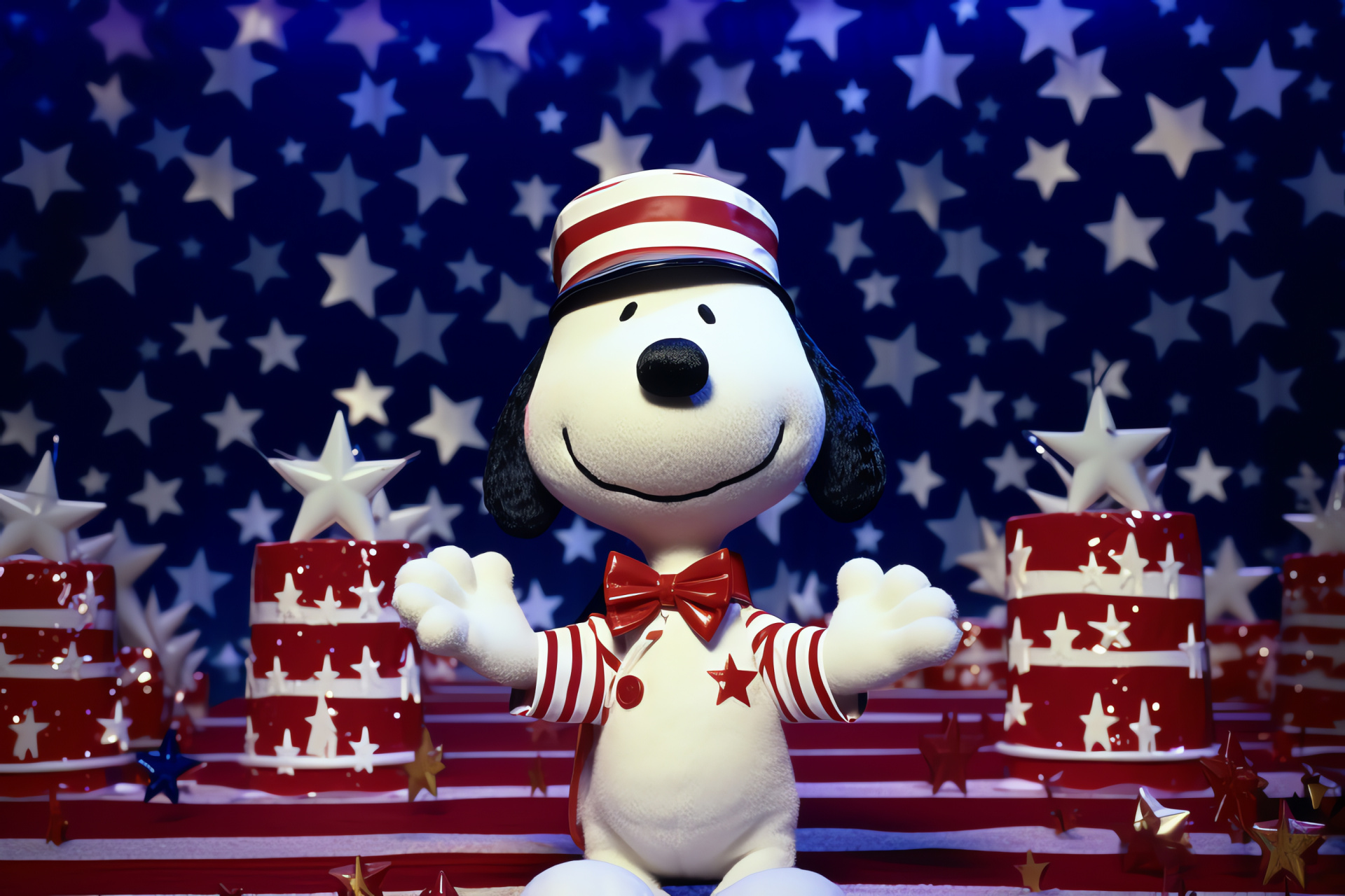 Patriotic Peanuts dog, Nationalistic Uncle Sam hat, Independence Day motif, Star-spangled elements, Striped pride, HD Desktop Wallpaper