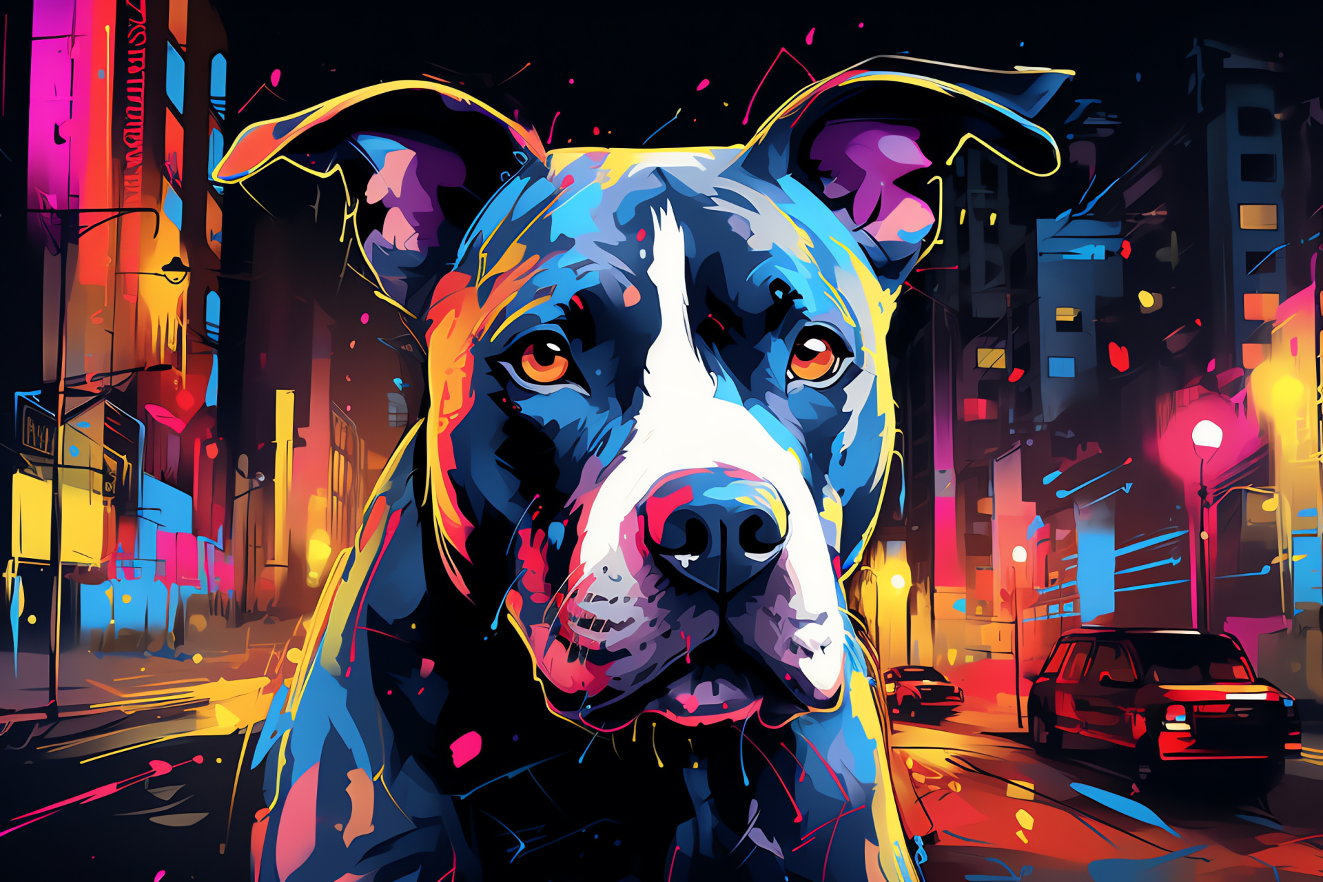 Urban Pitbull Terrier, Variegated grey fur, Odd-colored eyes, Canine panorama, Metropolis outline, HD Desktop Image