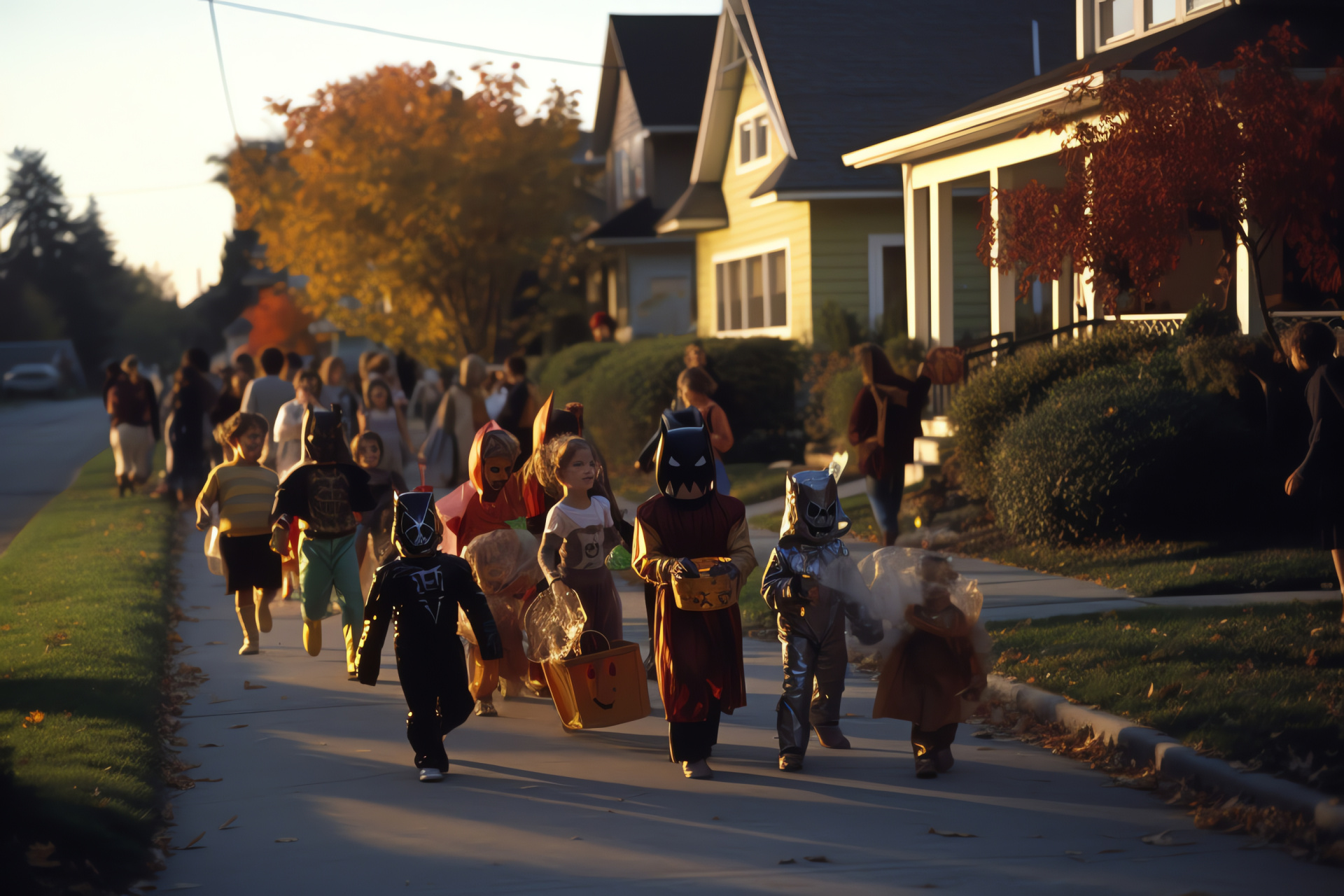 Neighborhood Halloween celebration, Costume tradition, Spooky autumn decoration, Nighttime candy quest, Festive October evening, HD Desktop Wallpaper