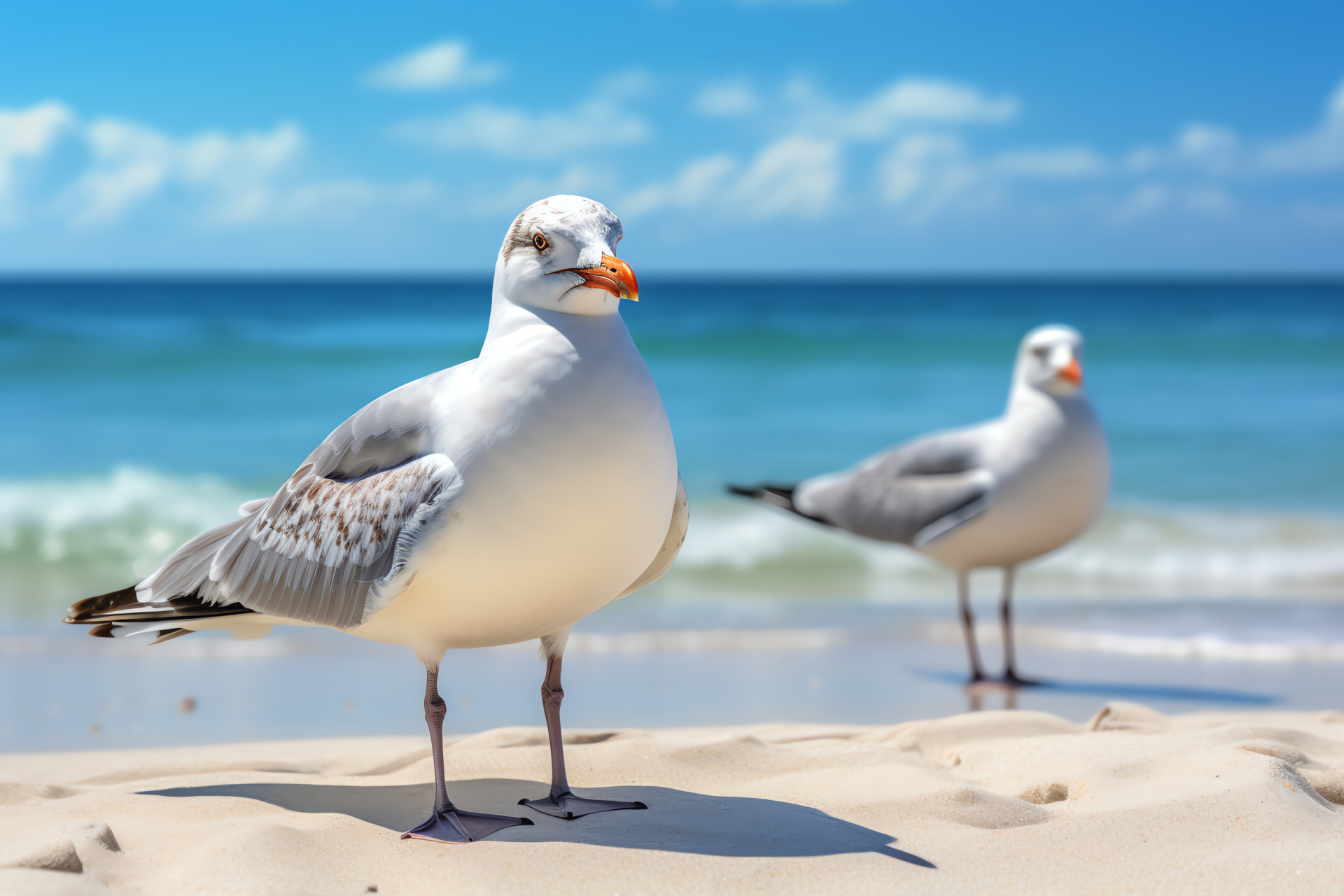 Seagull coastal demeanor, seashore bird, avian gentleness, twin-hued seascape, seaside tranquility, HD Desktop Wallpaper