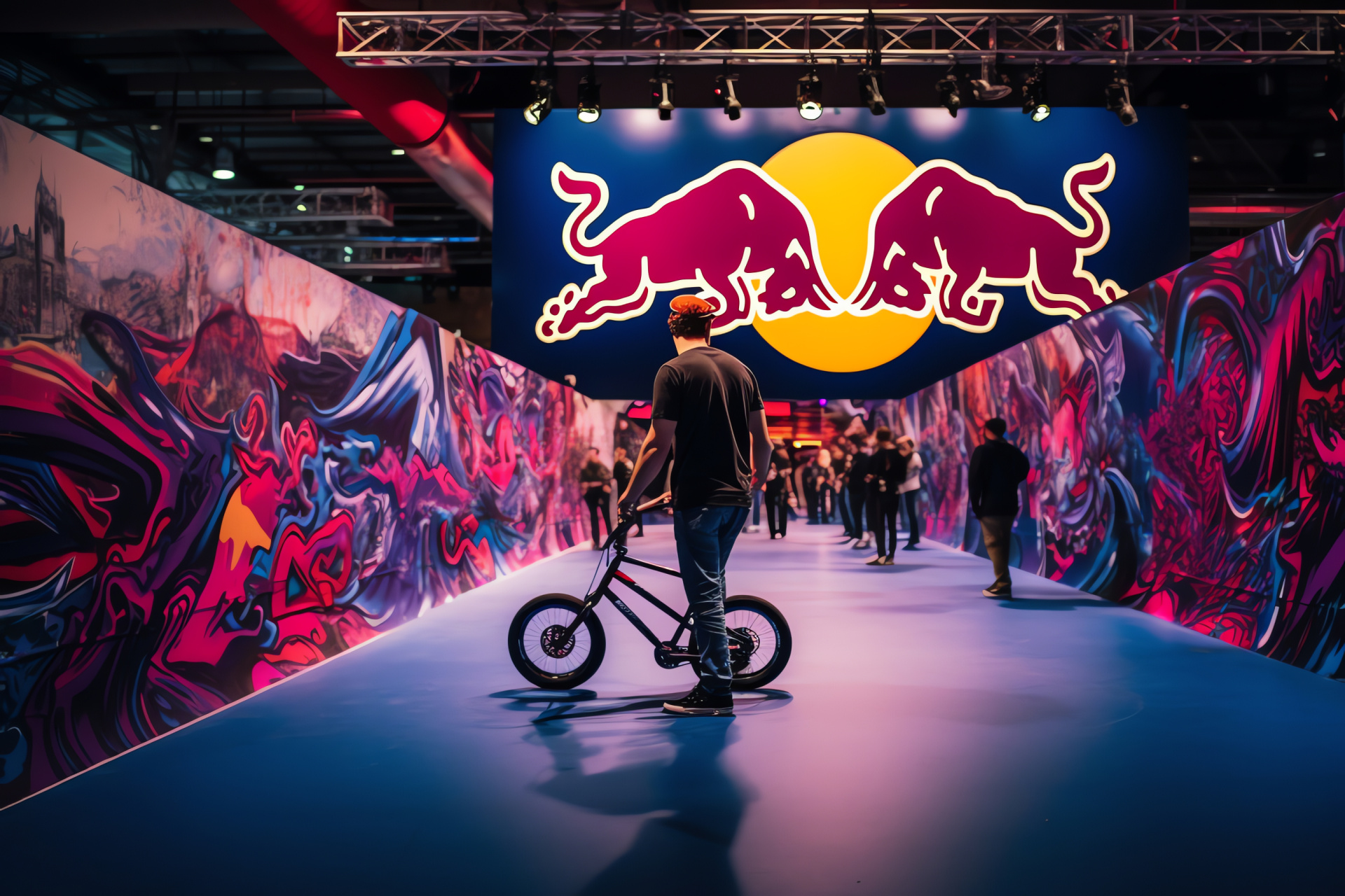 Red Bull emblem, BMX action, Airborne stunts, Extreme sports, Urban skatepark art, HD Desktop Image