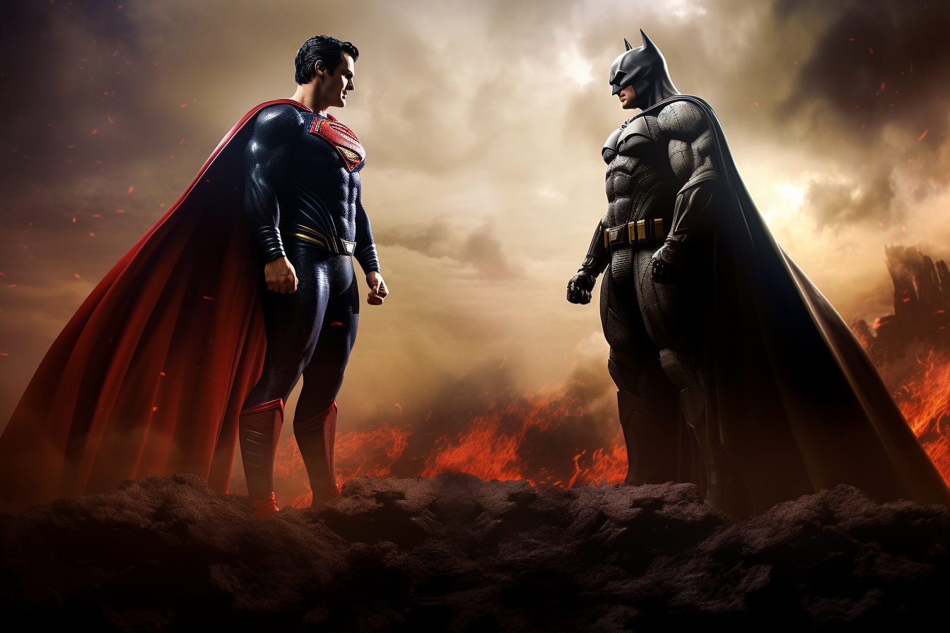 Superman and Batman confrontation, superhero stance, determined demeanor, crimefighter vigilance, caped profiles, HD Desktop Wallpaper