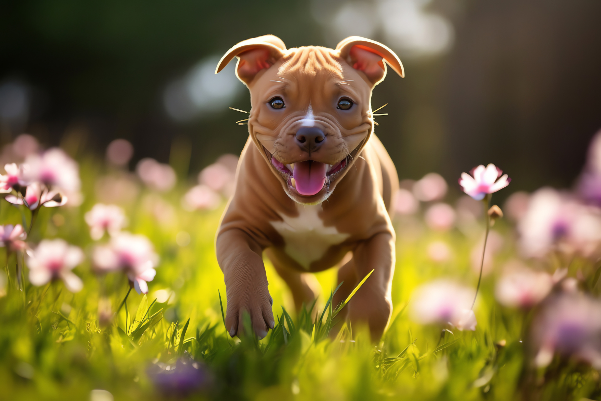 Pitbull puppy play, juvenile canine, pet outdoor enjoyment, park obstacle setting, lively animal posture, HD Desktop Wallpaper