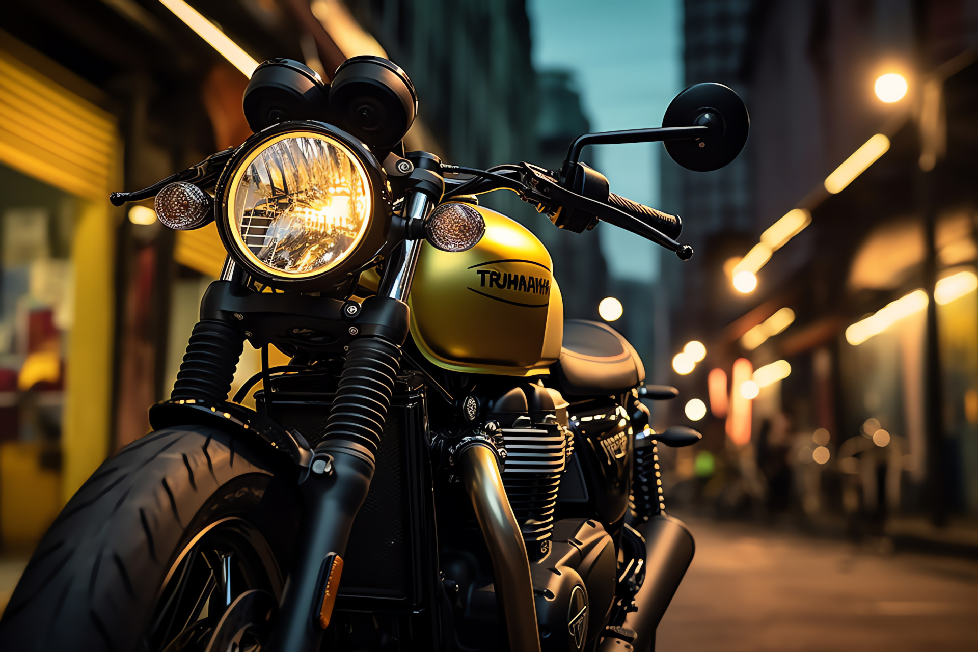 Triumph Street Twin in Bangkok, Thailand's vibrant capital, Neon-lit urban journey, Brightly colored tanks, Motorbike city life, HD Desktop Wallpaper
