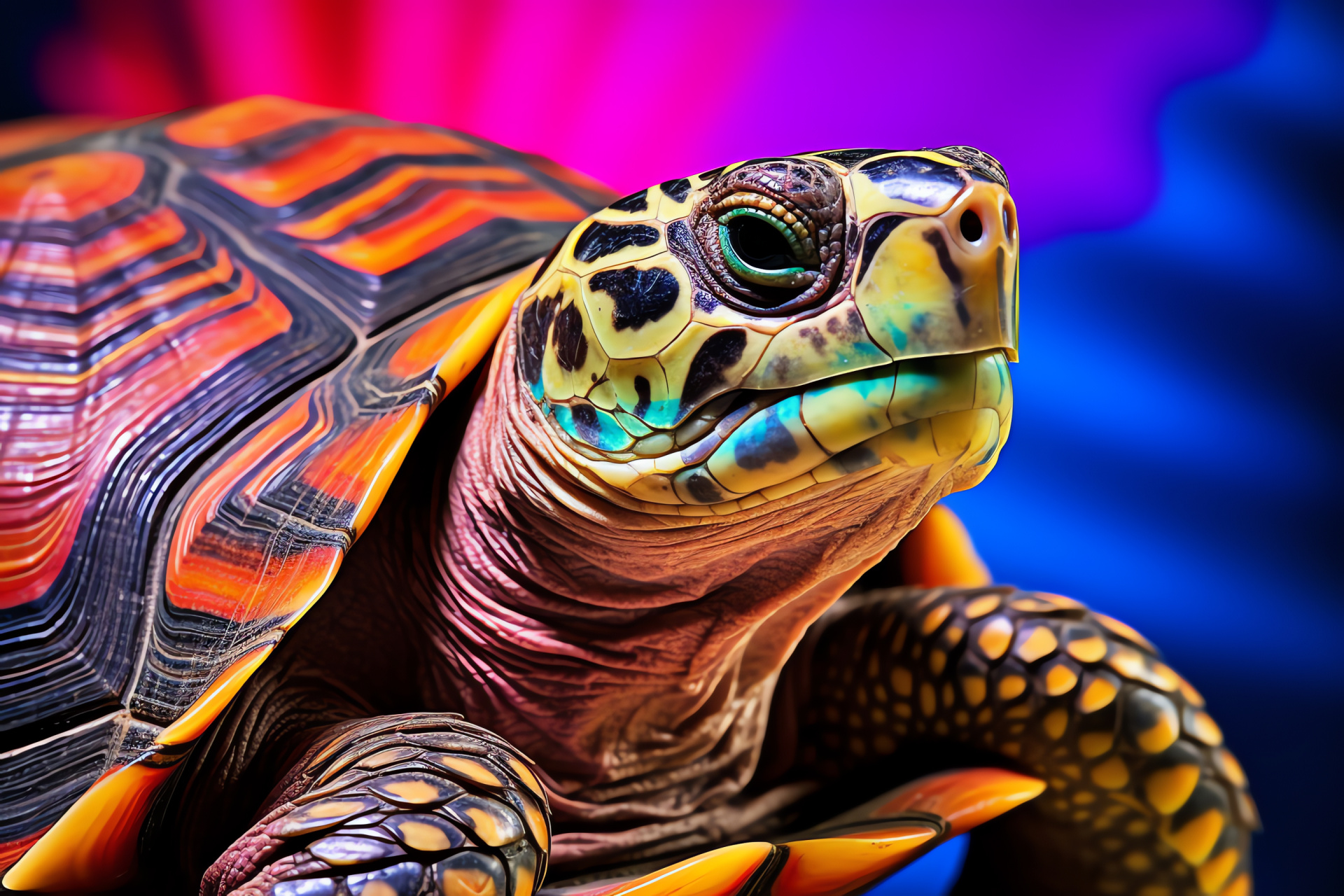 Chelonia mydas, Iridescent carapace, Aquatic reptile, Lively ocular characteristics, Tri-hued environment, HD Desktop Image