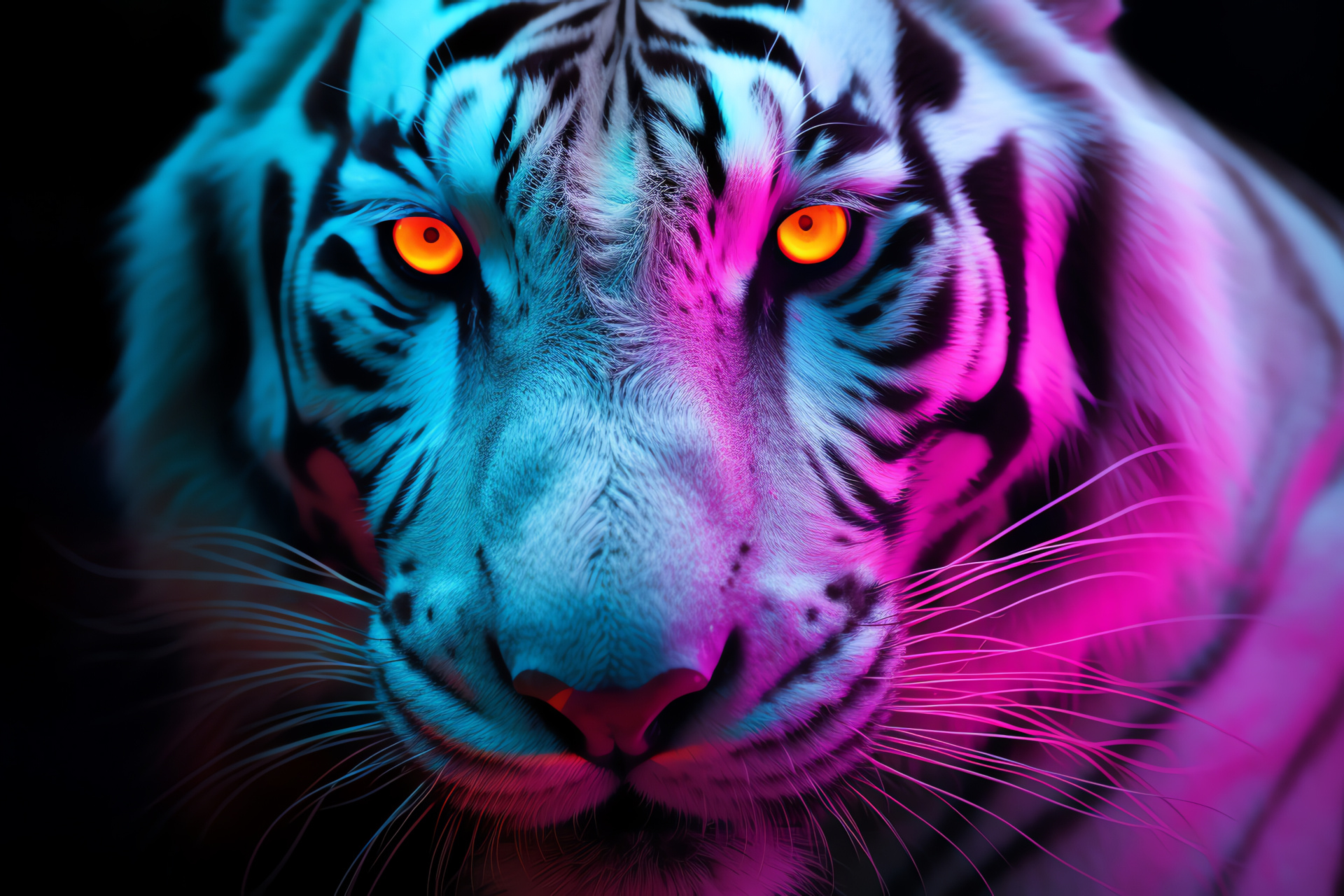 White Bengal Tiger, intimate portrayal, radiant linear backdrop, neon spectrum, piercing look, HD Desktop Image