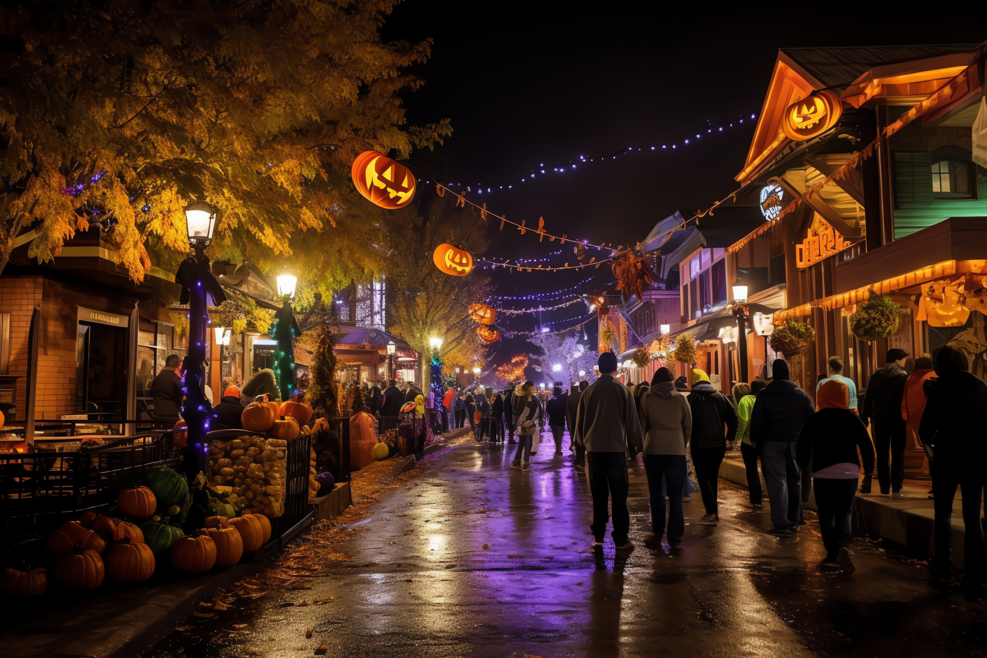 All Hallows' Eve, festive thoroughfare, parade of costumes, jovial gathering, trick-or-treat tradition, HD Desktop Wallpaper