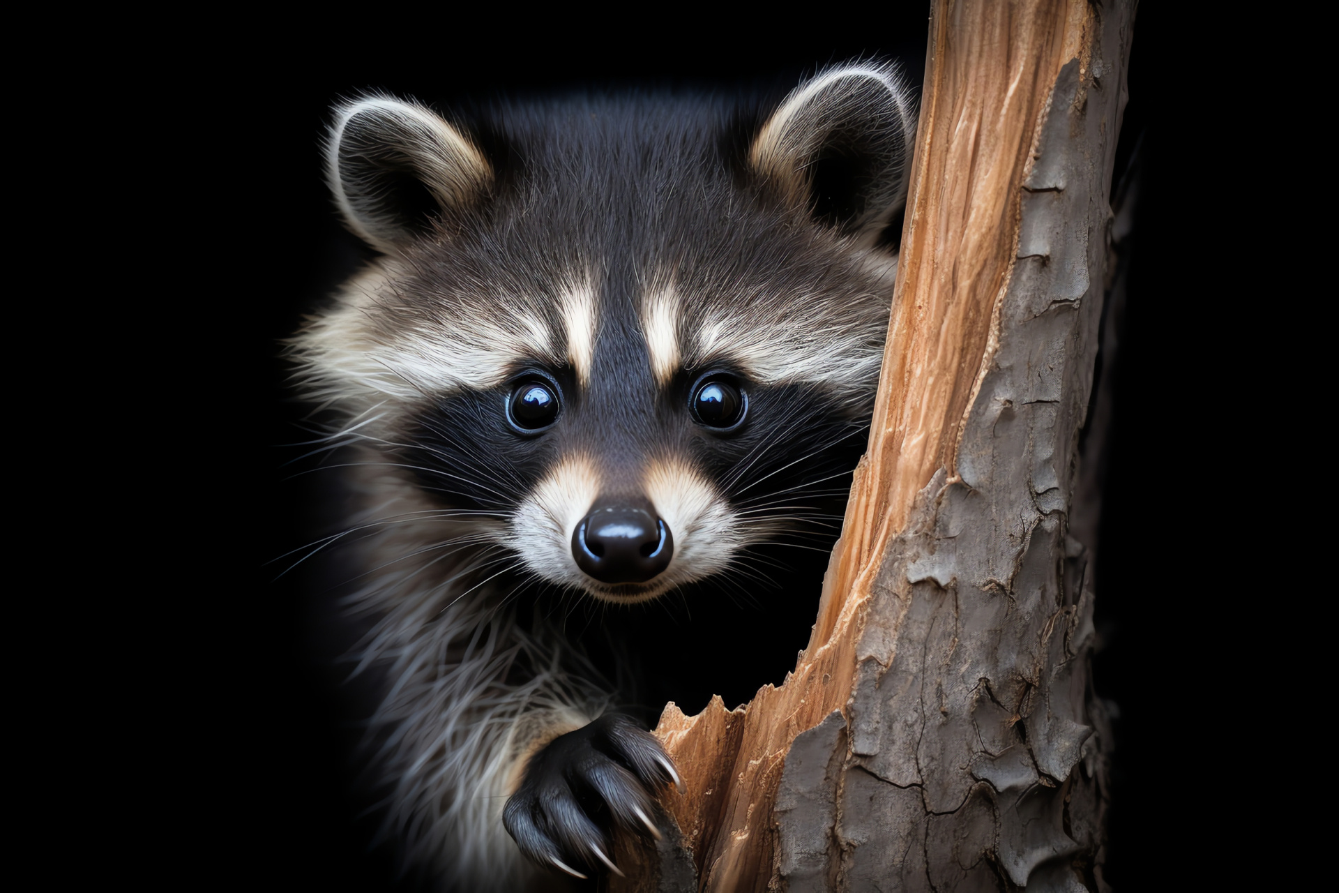 Raccoon juvenile, playful mammal, inquisitive features, furry mammal, ebony background, HD Desktop Image