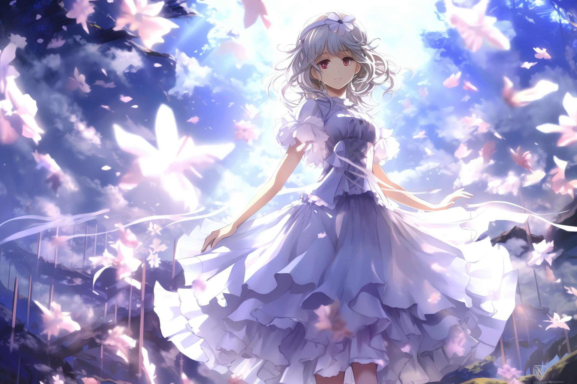 Touhou character Yuyuko, Ethereal ghost princess representation, Regal silver hair, Enigmatic purple eyes, Dual-tone backdrop, HD Desktop Image