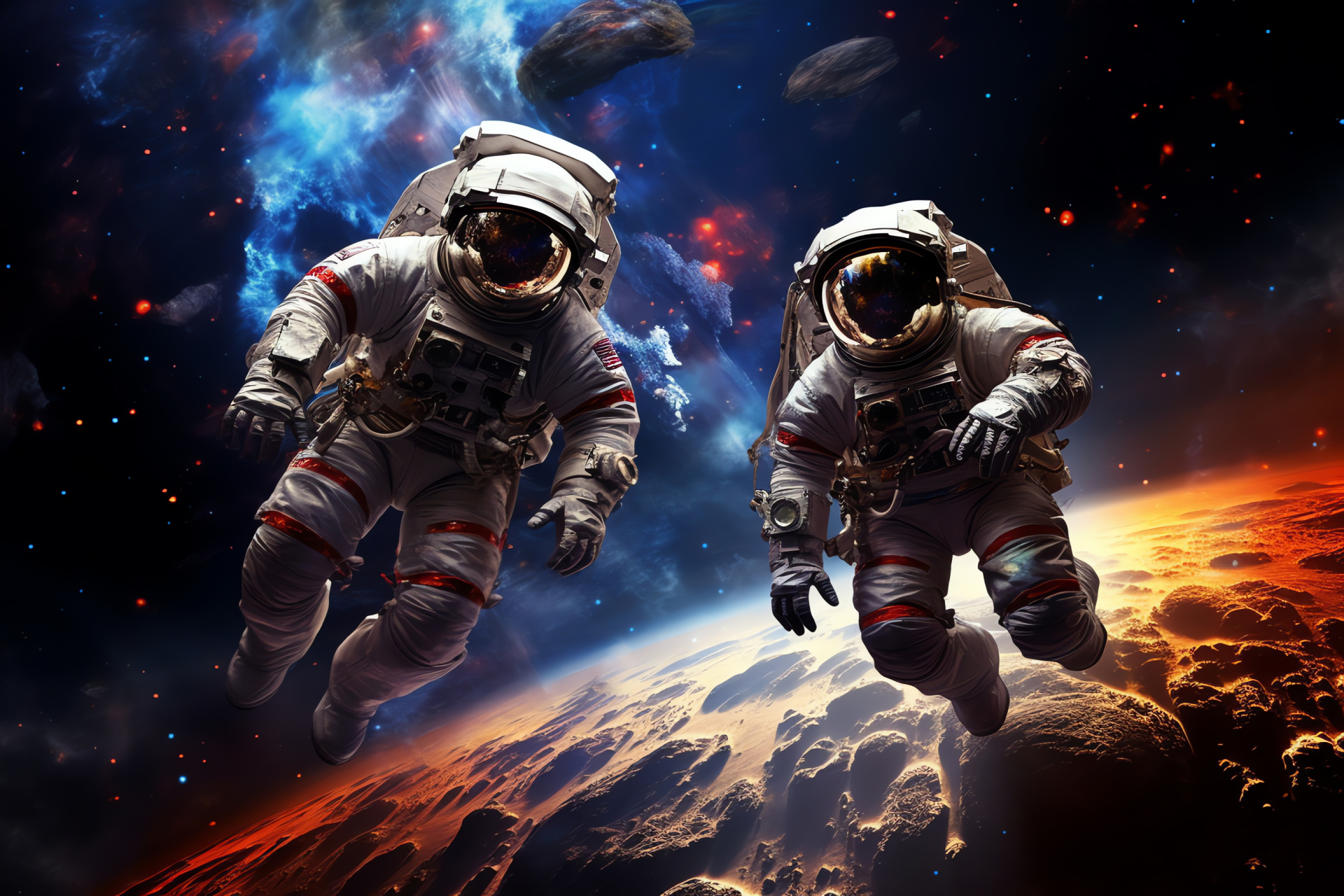 Space voyagers, Extravehicular activity, Universal expansion, Heavenly bodies, Galactic realm, HD Desktop Image