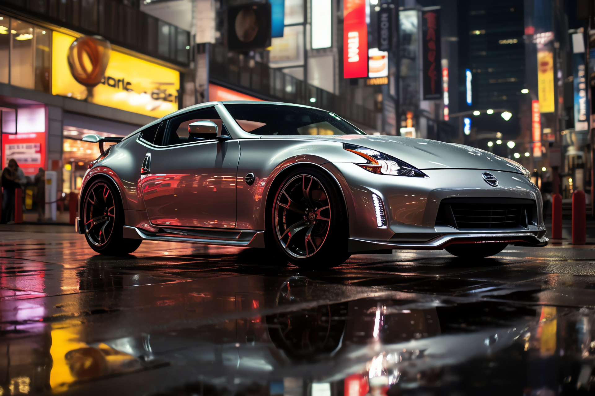 Nissan 370Z elegance, Tokyo by night, urban car adventure, Roadster nightlife, illuminated city vibe, HD Desktop Image