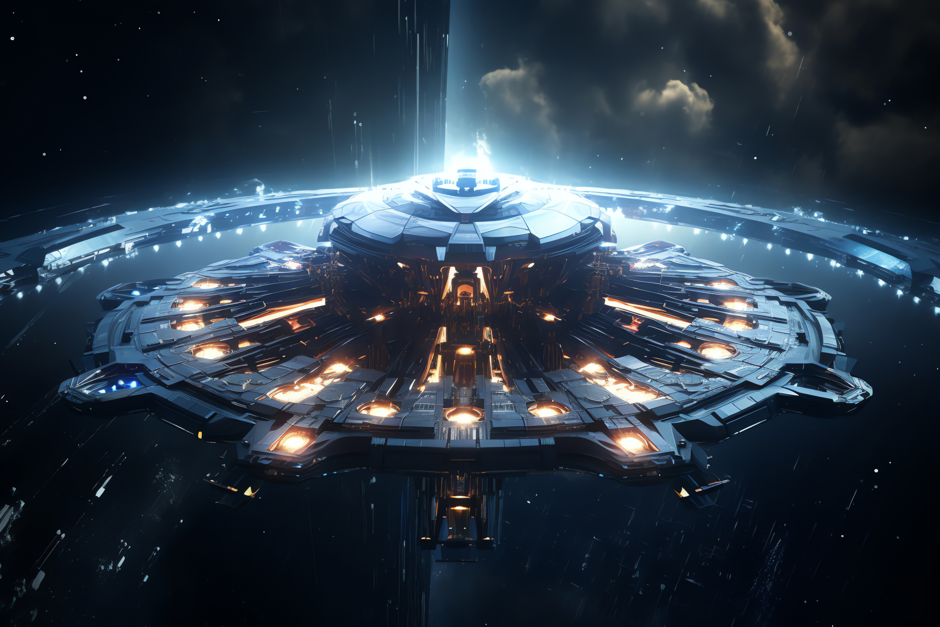 Science fiction, Galactic exploration, Starship design, Sleek hull, Luminous engines, HD Desktop Wallpaper