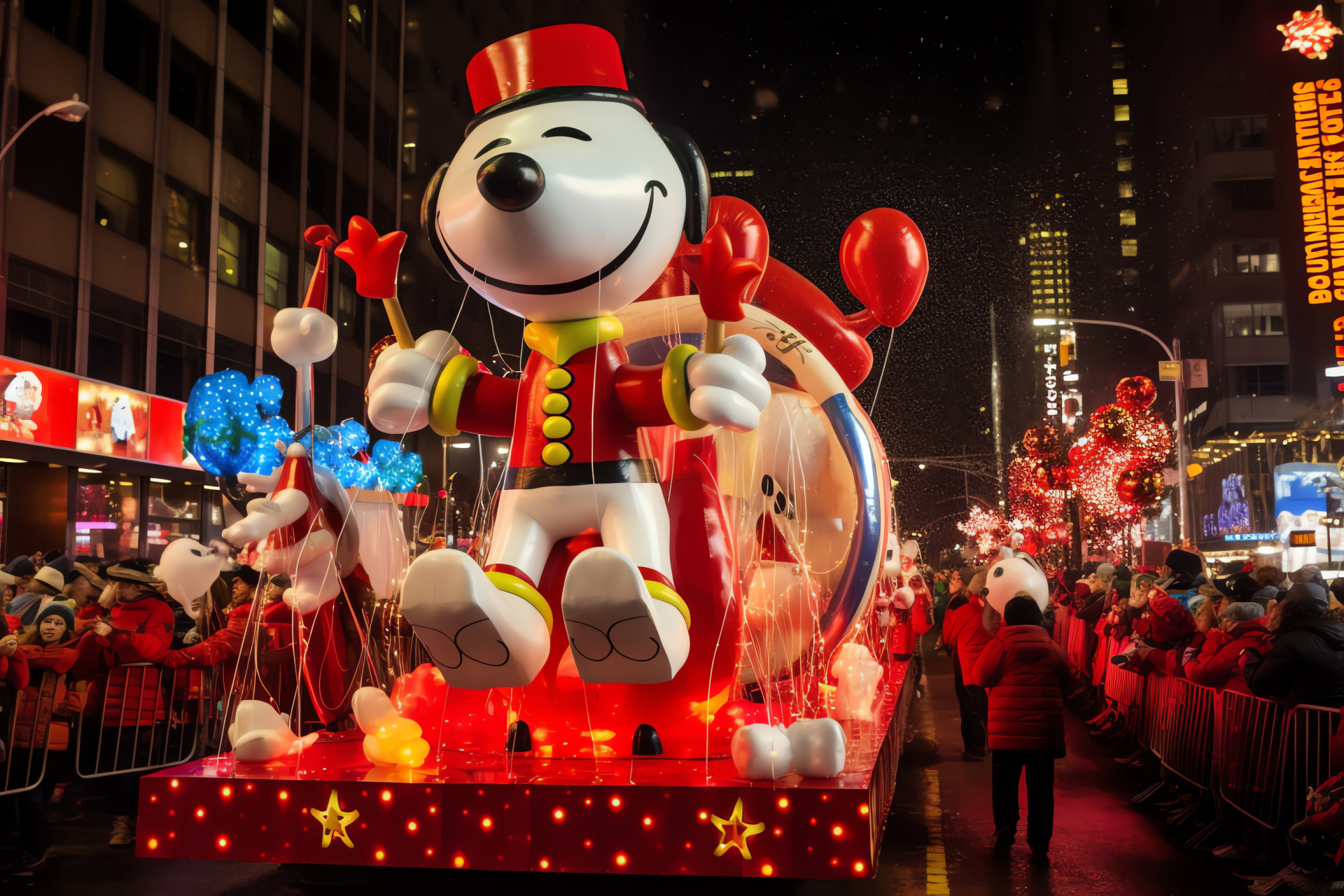 Snoopy and Santa, festive floats, joyous processions, red cap, tiny bird companion, HD Desktop Wallpaper