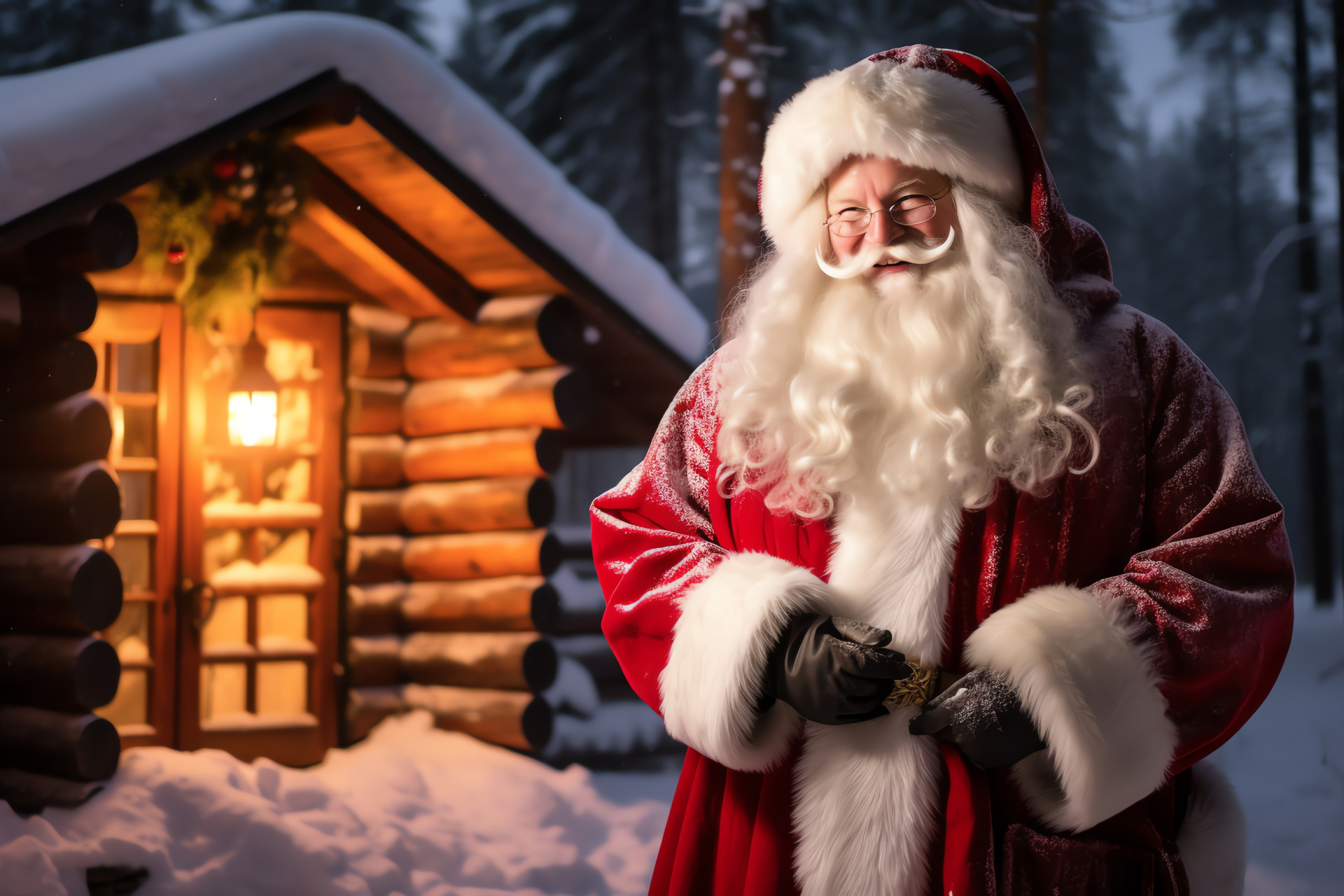 Polar Santa abode, Finnish timber shelter, Arctic woodlands, Coniferous forest, Tundra scenery, HD Desktop Wallpaper