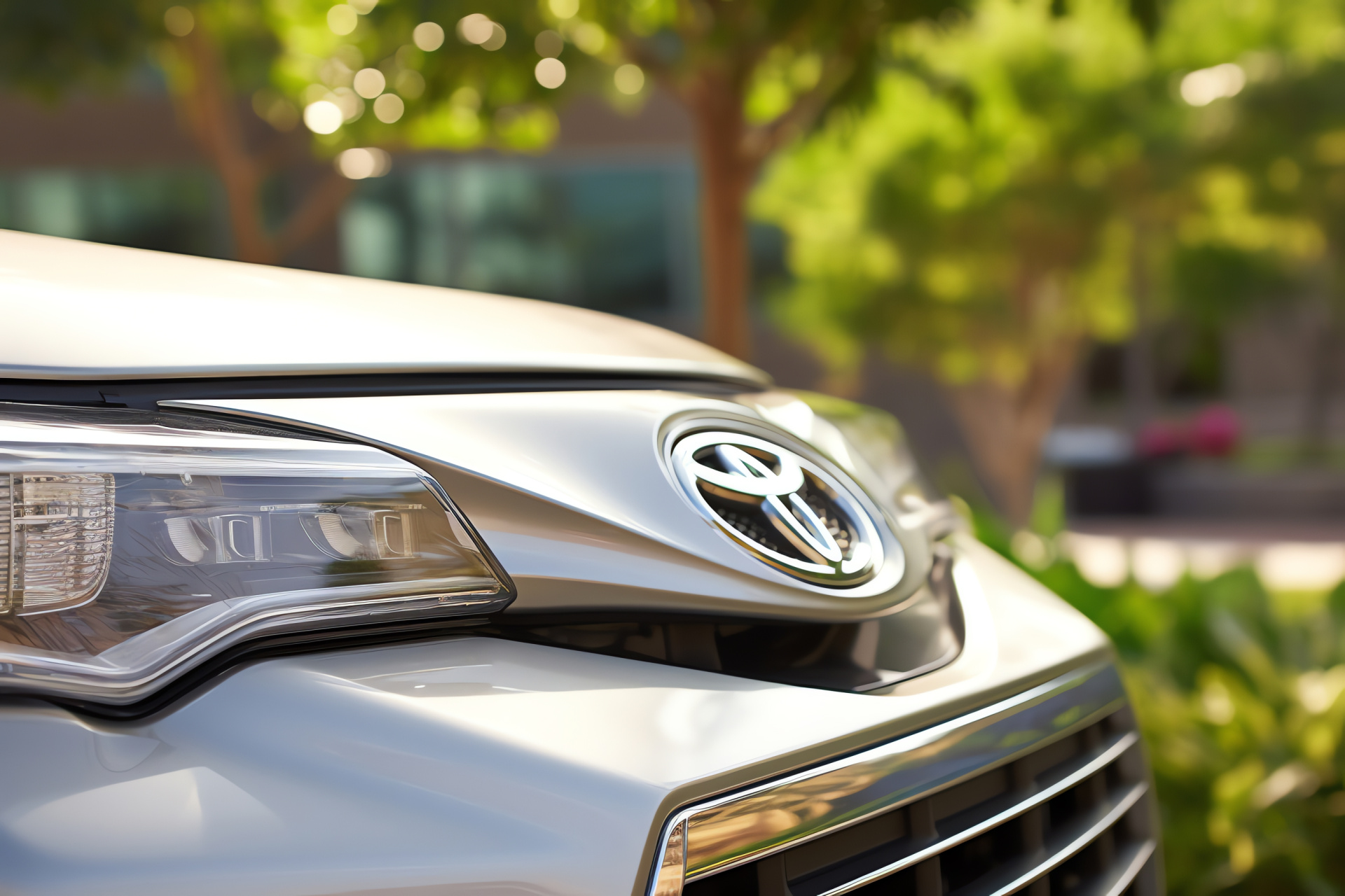 Toyota emblem, Eco-friendly vehicle, Suburban scenery, Clean energy, Environmental sustainability, HD Desktop Image