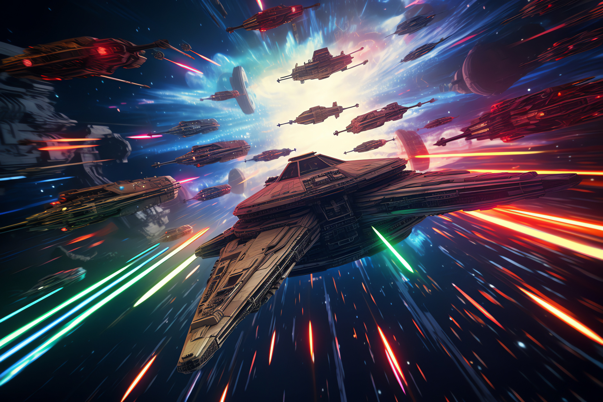 Rebel fleet maneuvers, deep space travel, Scarif orbit, starship battle, galactic warfare, HD Desktop Image