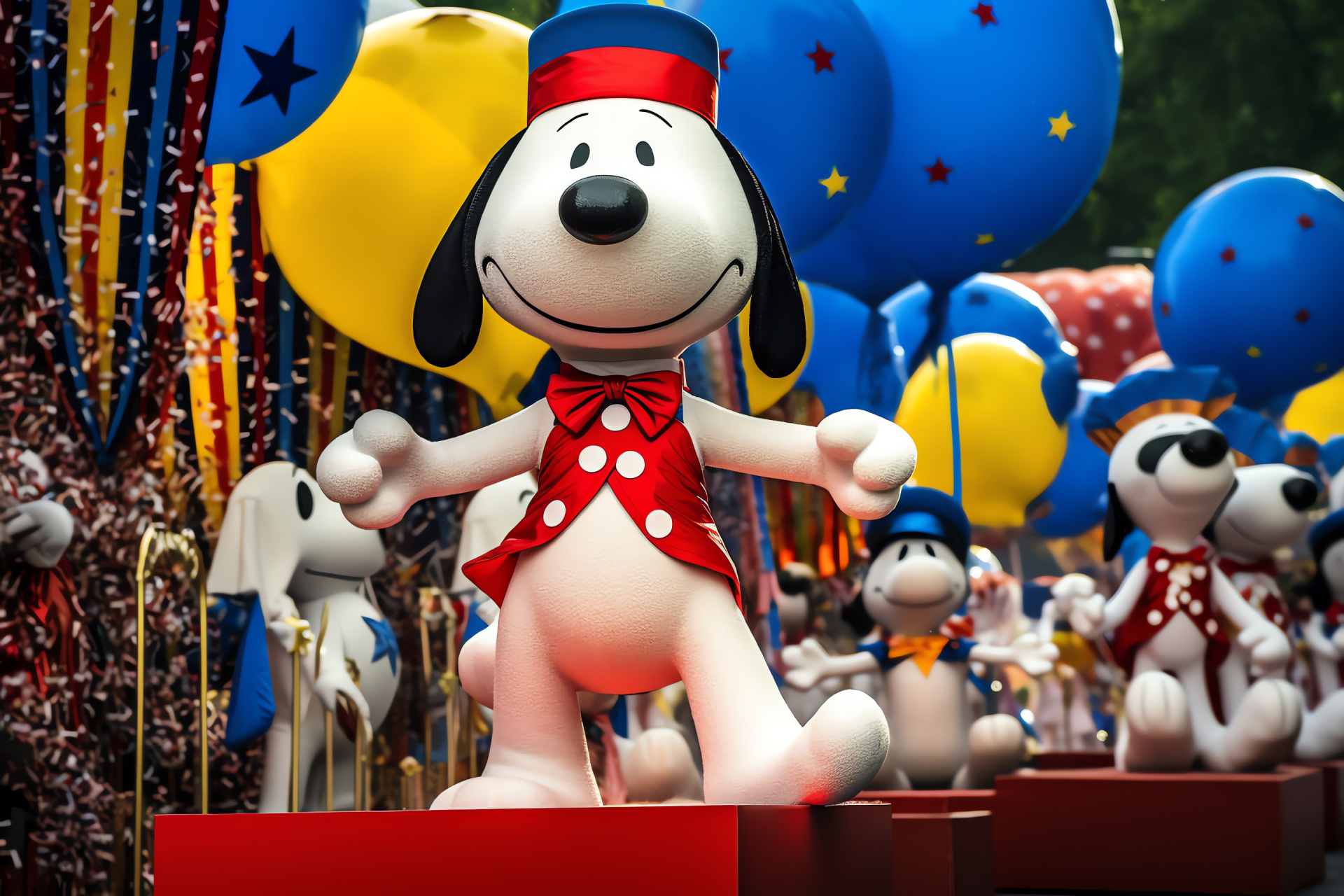 Snoopy national holiday tribute, Patriotic procession, Decorative platform, Stars and Stripes, American icon, HD Desktop Wallpaper