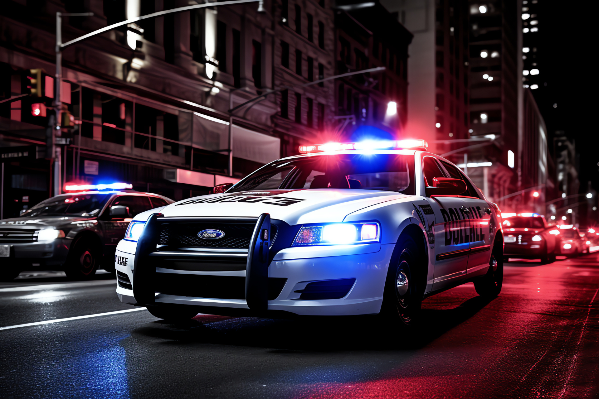 Police car, NYPD cruiser, urban chase, emergency lights, audible warning devices, HD Desktop Image