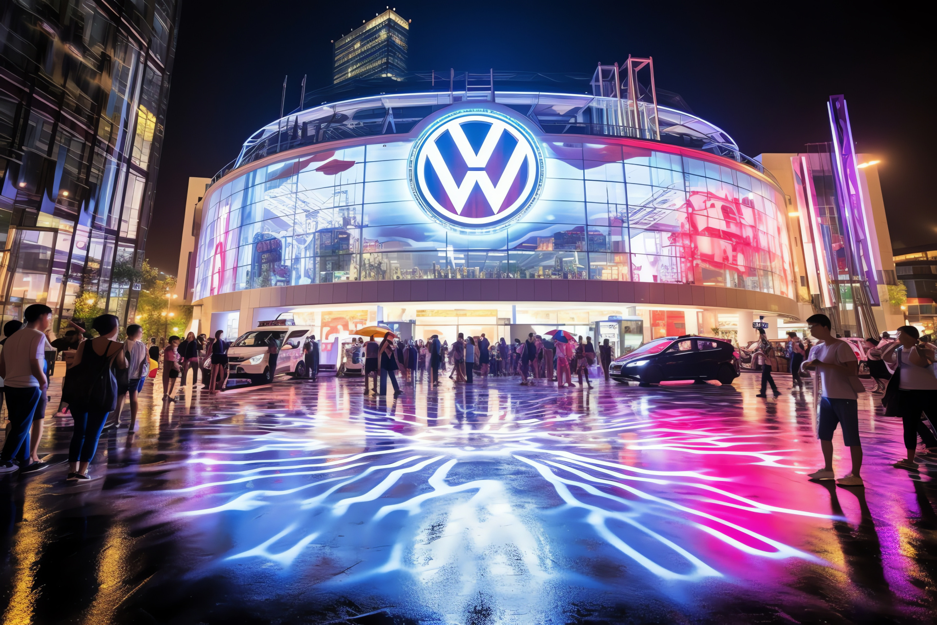 Volkswagen brand icon, Bangkok urban center, LED display prominence, Metropolitan visual, HD Desktop Wallpaper