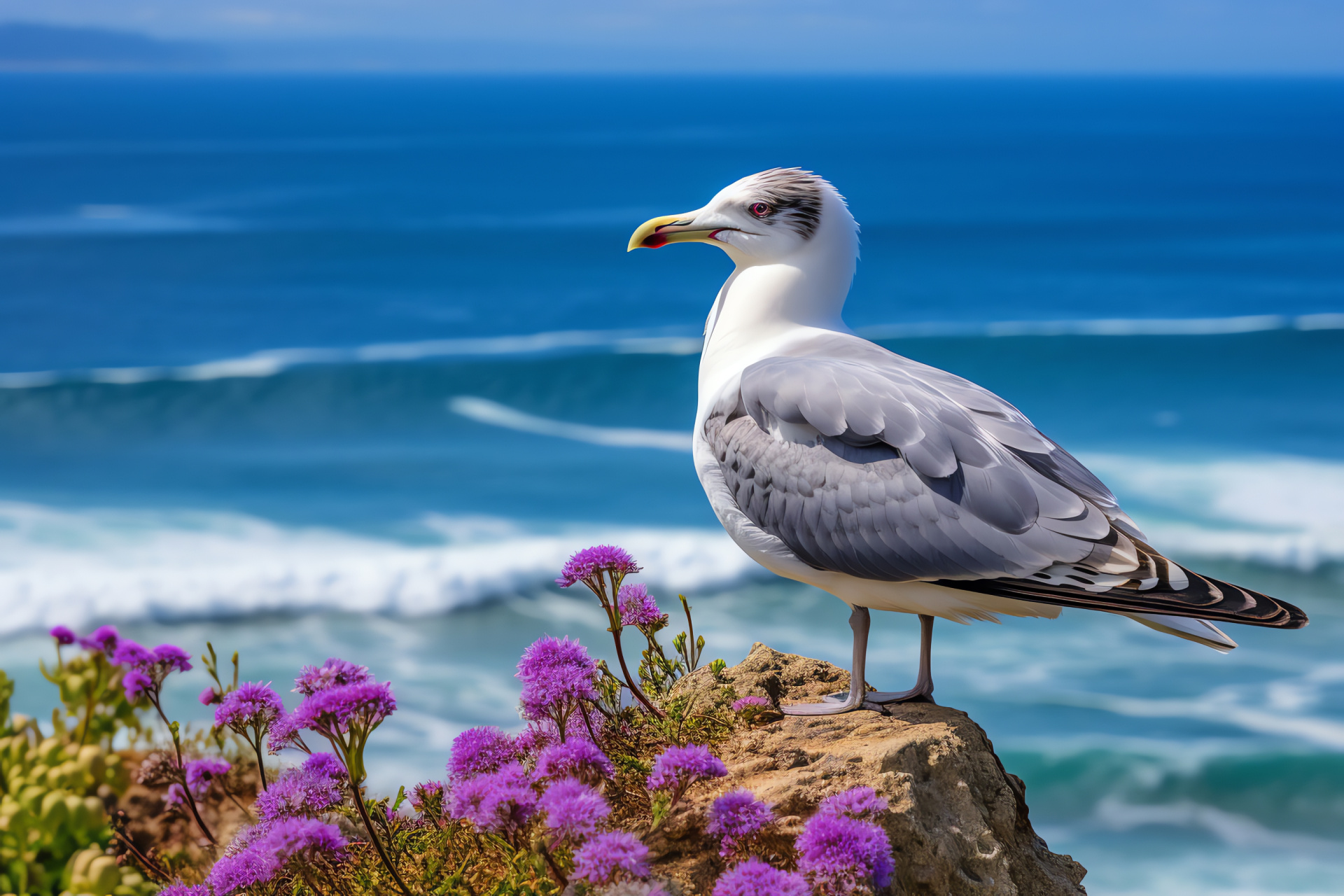 Seagull, Shoreline sentinel, Cliff-top perch, Ocean lookout, Avian seafarer, HD Desktop Wallpaper