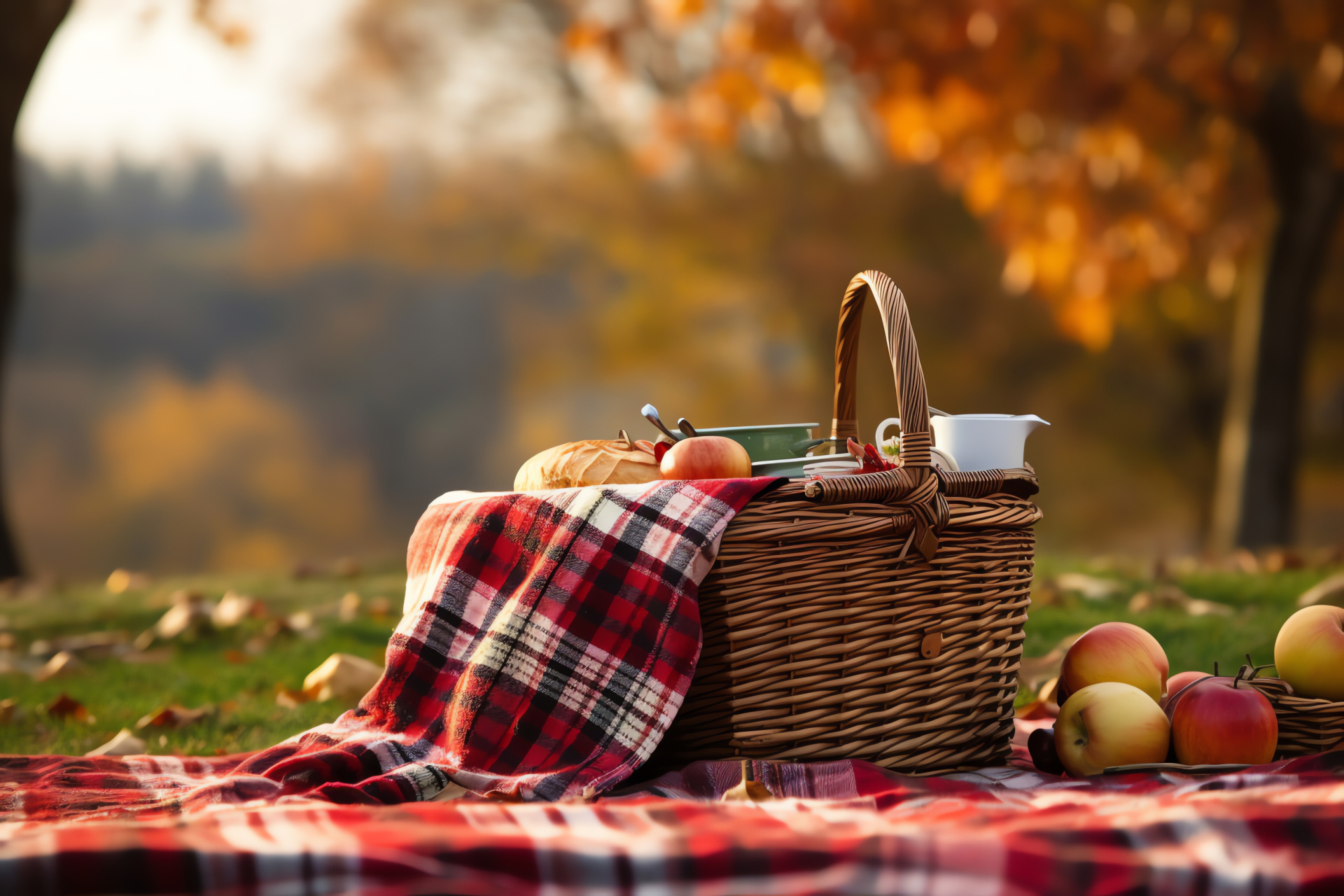 Autumn holiday picnic, Rural landscape, Checkered outdoor mat, Fall season, Natural foliage, HD Desktop Image