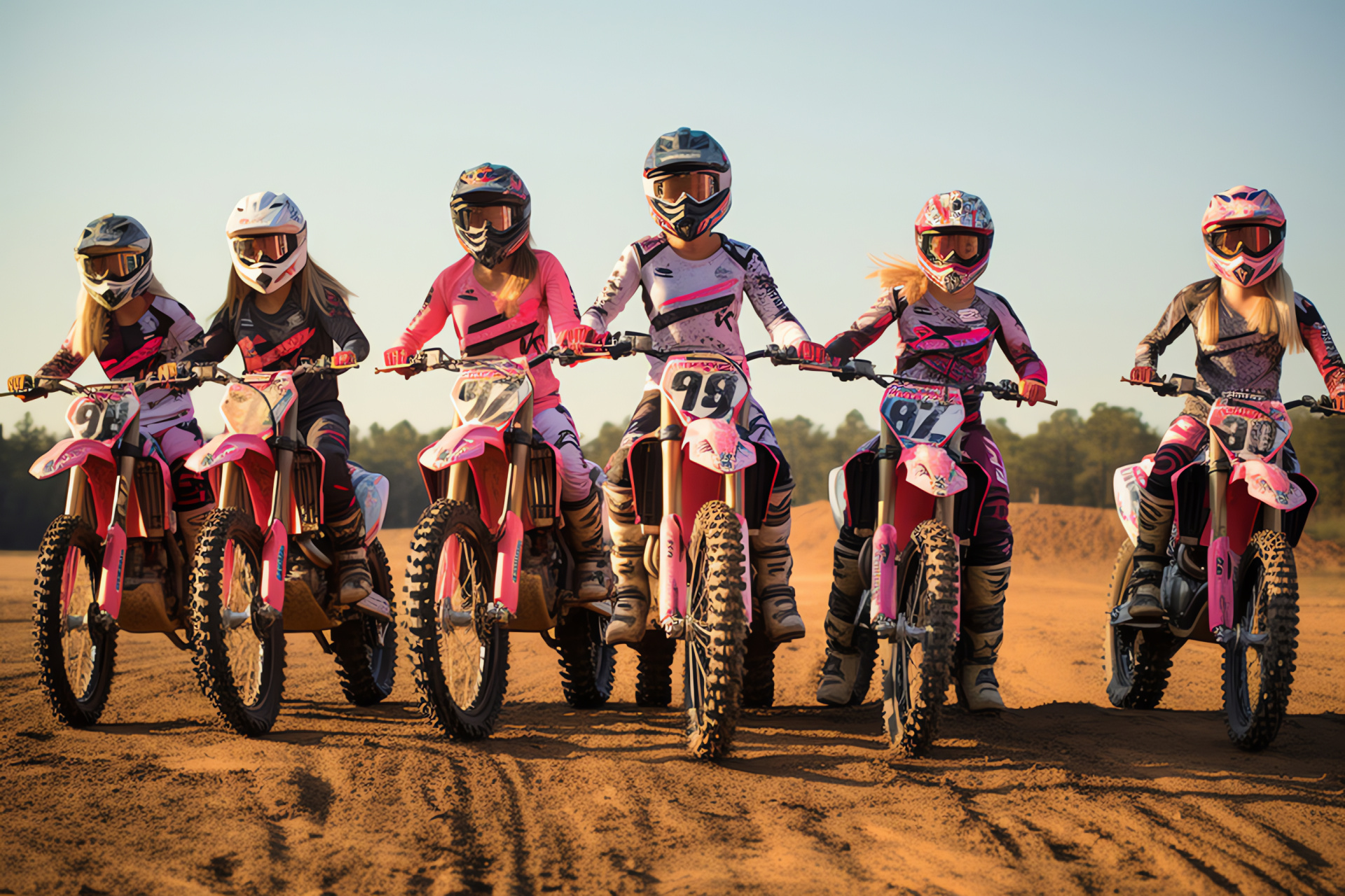 Motocross women's team, Outdoor racing event, Specialty designed gear, Riding formations, Collaborative motorsport, HD Desktop Image