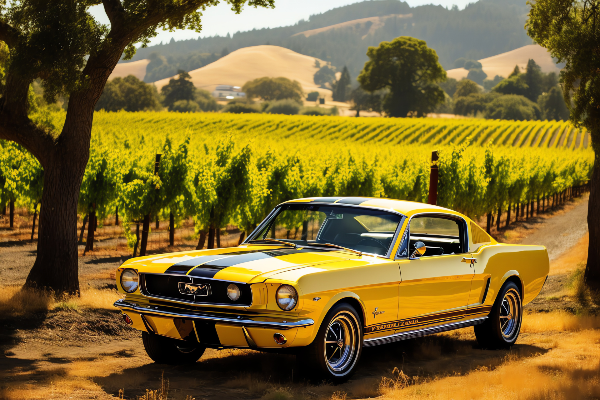 Ford Mustang, Napa vineyards, Rows of grape plants, Wine-making region, California wineries, HD Desktop Wallpaper