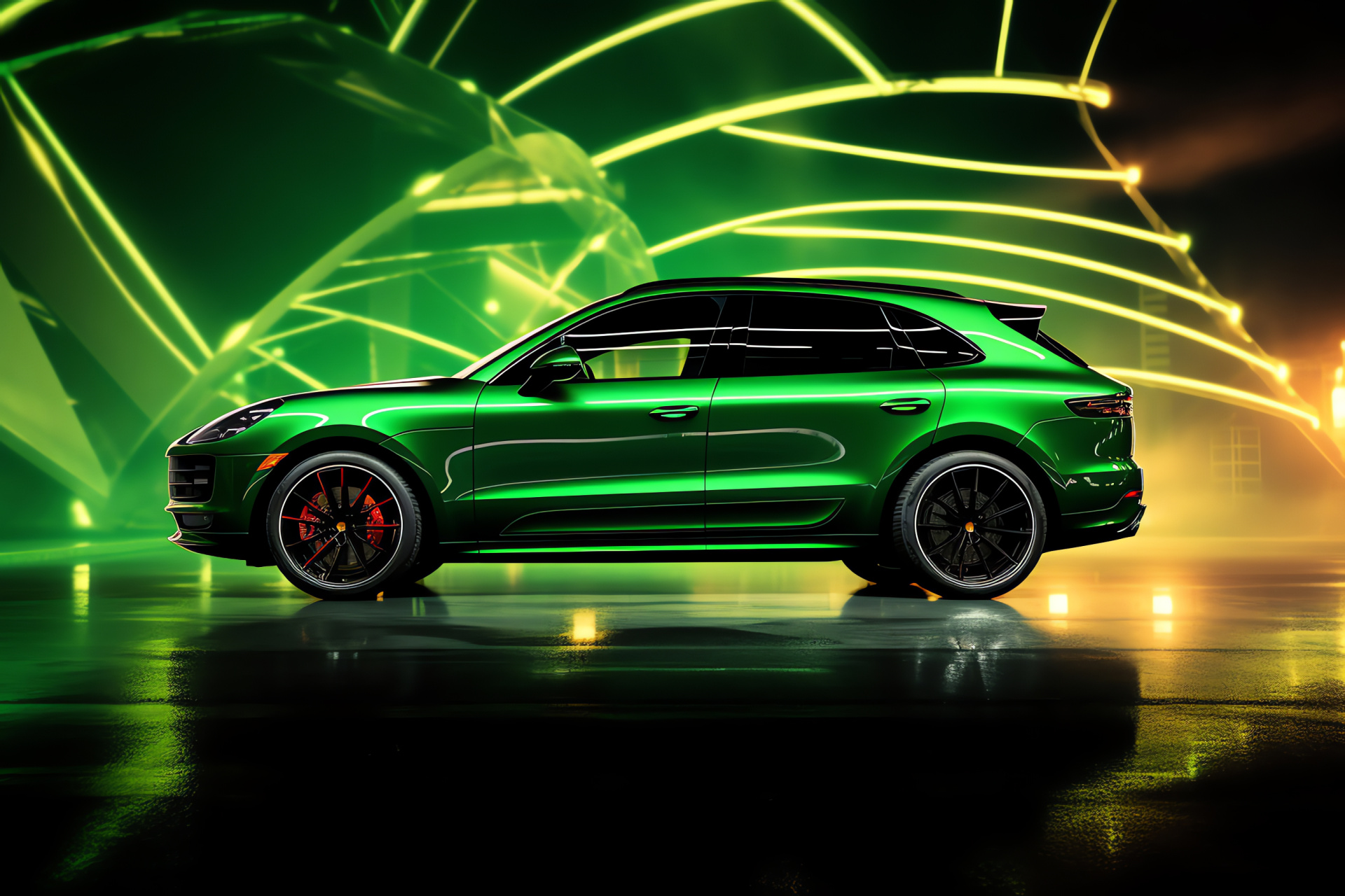 Porsche Macan Turbo view, Sporty green implication, Luminous scene setting, Dynamic car profile, Performance SUV styling, HD Desktop Image