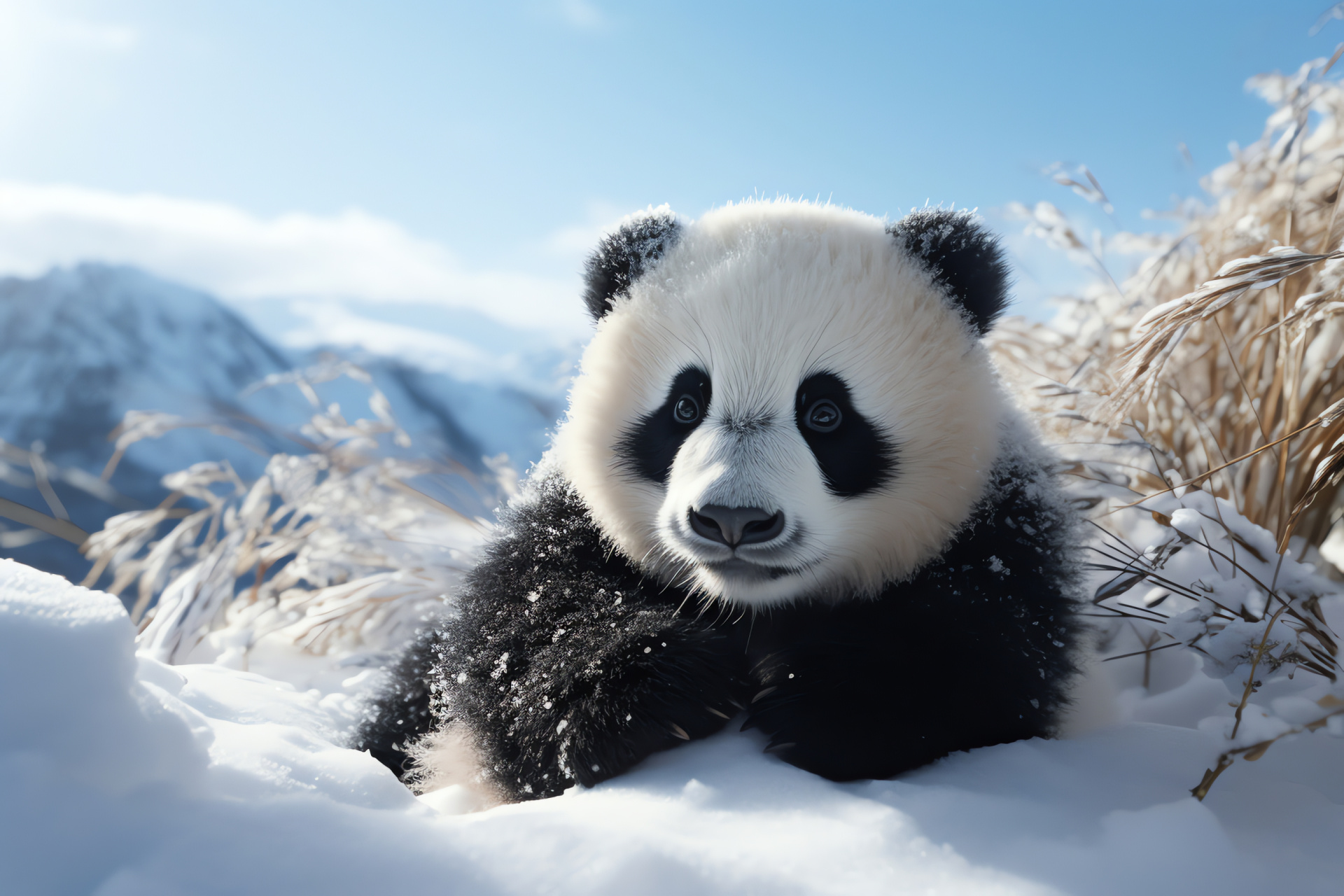 Panda, blue eyes, winter coat, snowy environment, wildlife, HD Desktop Image
